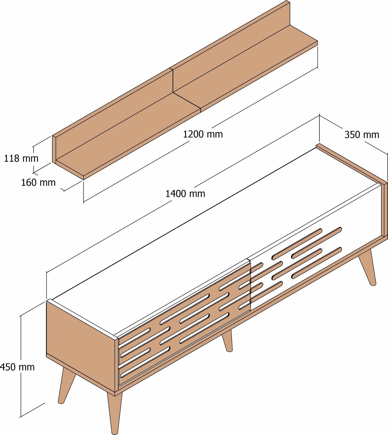 Móvel de TV elegante com prateleira de parede, nogueira e creme, 140 x 35 x 45 cm | 100% revestido em melamina, 18 mm de espessura | Amplo espaço de armazenamento e design moderno