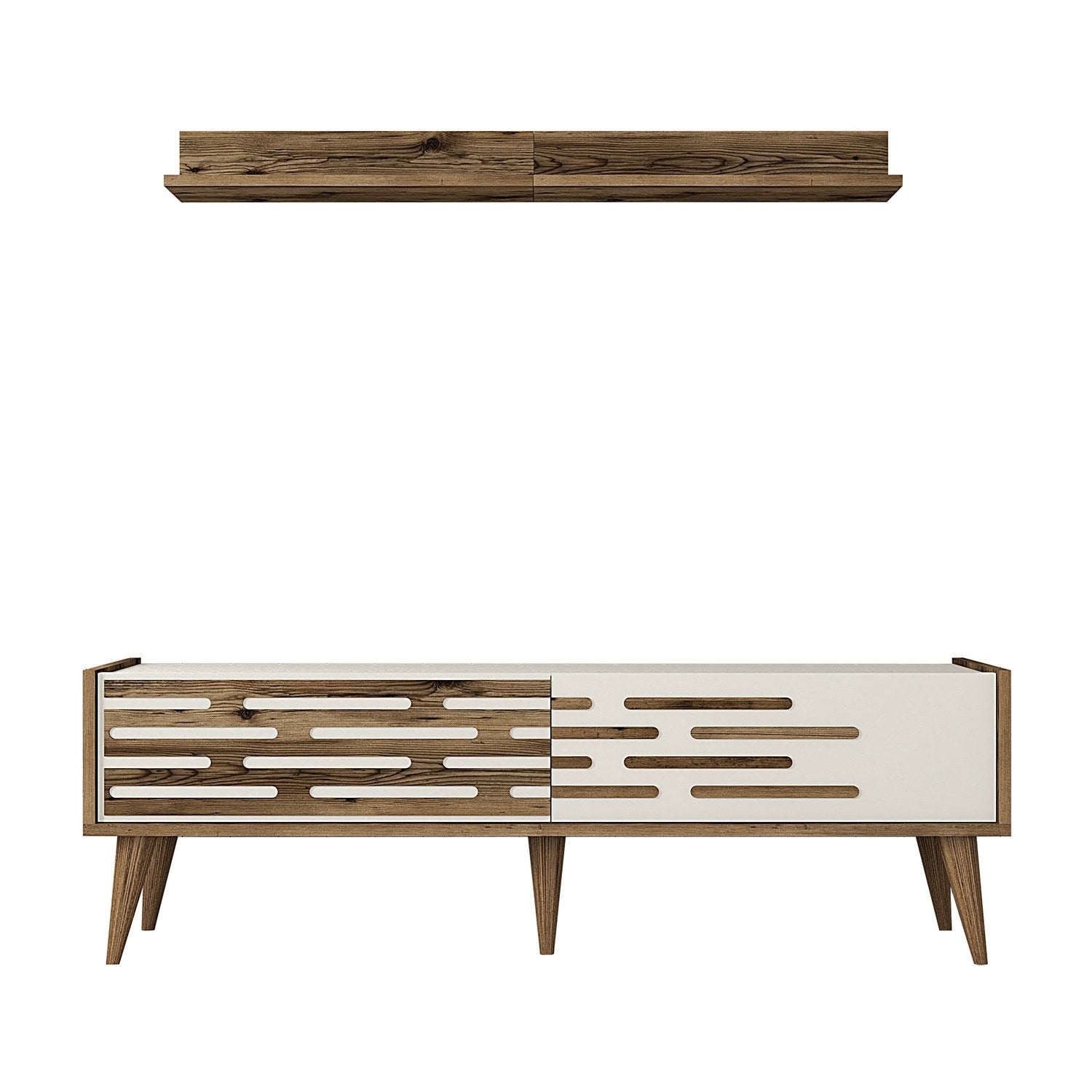 Móvel de TV elegante com prateleira de parede, nogueira e creme, 140 x 35 x 45 cm | 100% revestido em melamina, 18 mm de espessura | Amplo espaço de armazenamento e design moderno
