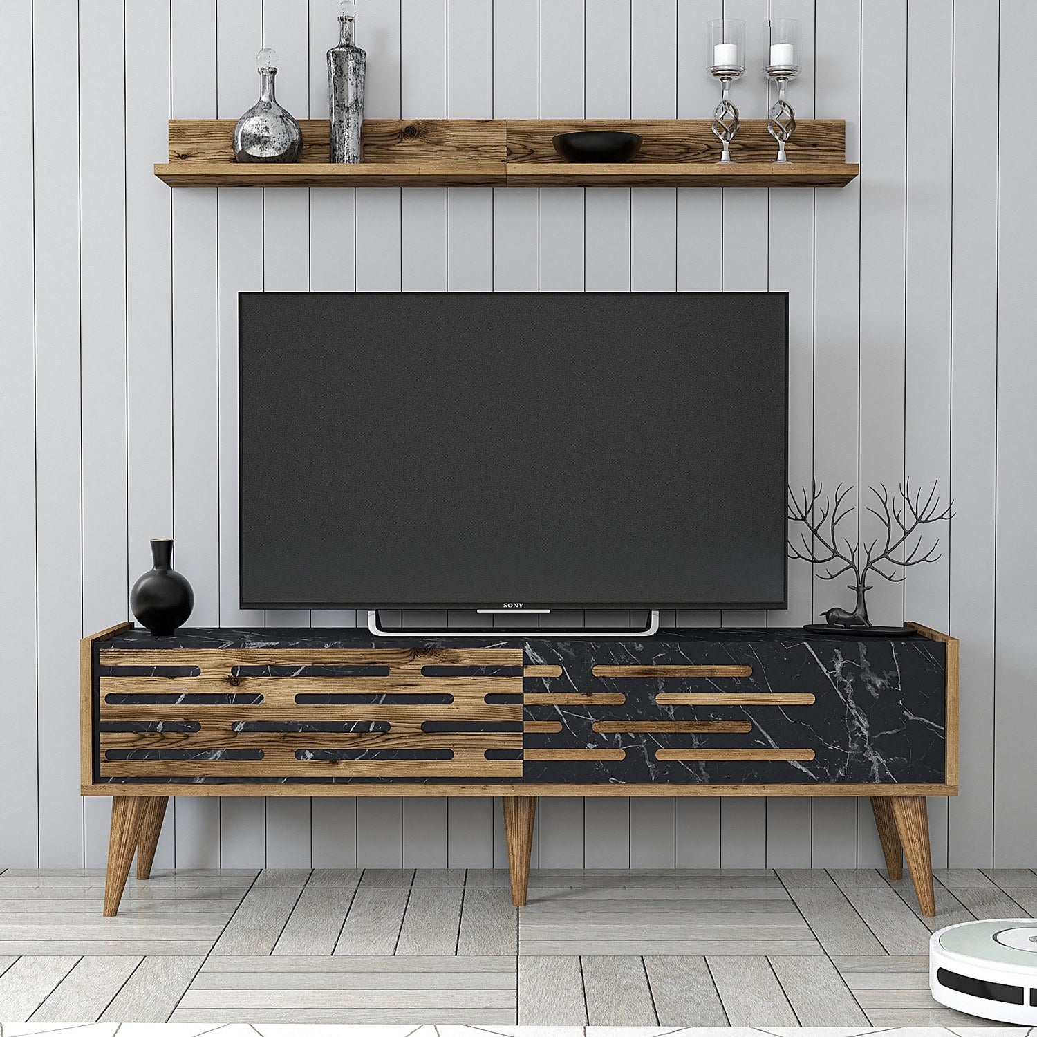 Móvel de TV elegante com prateleira de parede, nogueira e mármore preto, 140 cm | 100% revestido em melamina, 18 mm de espessura | Amplo espaço de armazenamento e design moderno para sala de estar