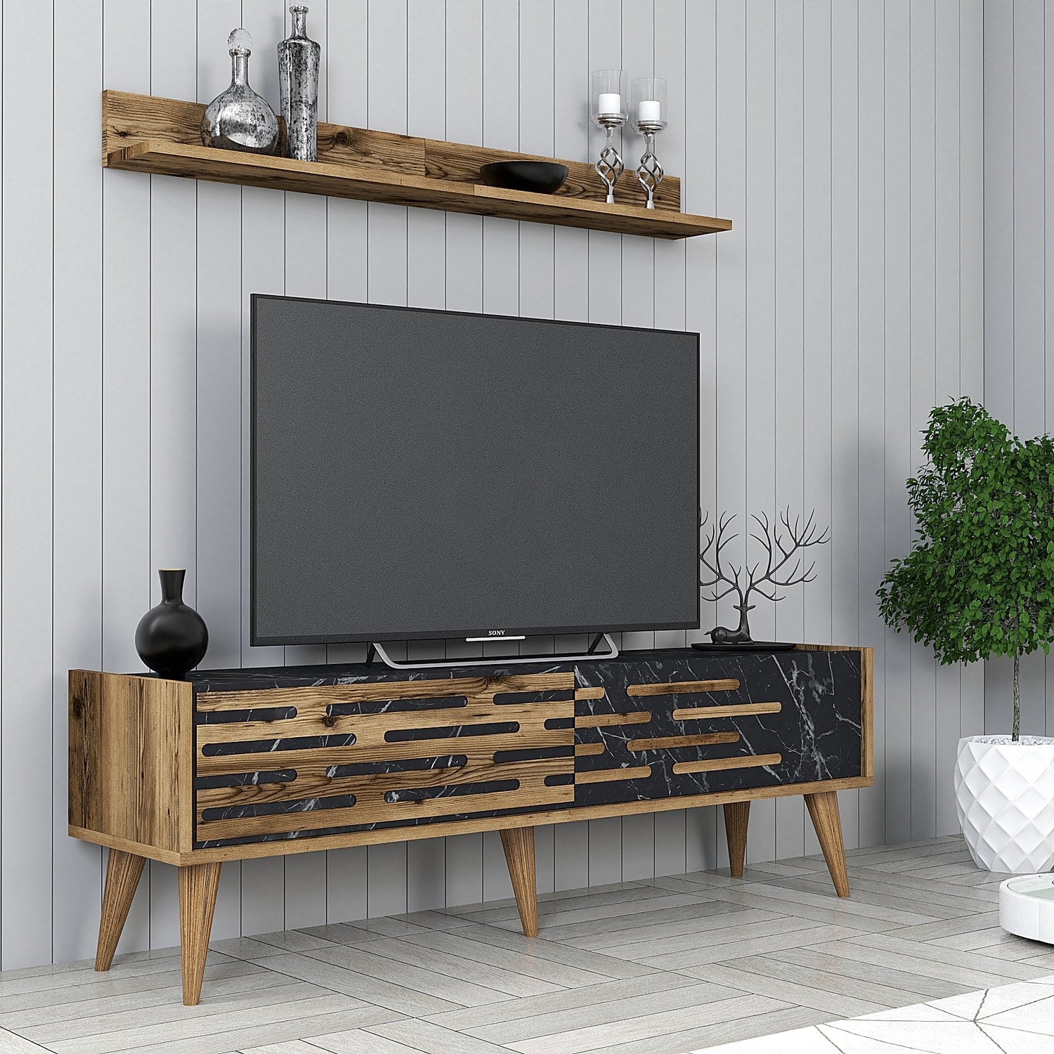 Móvel de TV elegante com prateleira de parede, nogueira e mármore preto, 140 cm | 100% revestido em melamina, 18 mm de espessura | Amplo espaço de armazenamento e design moderno para sala de estar