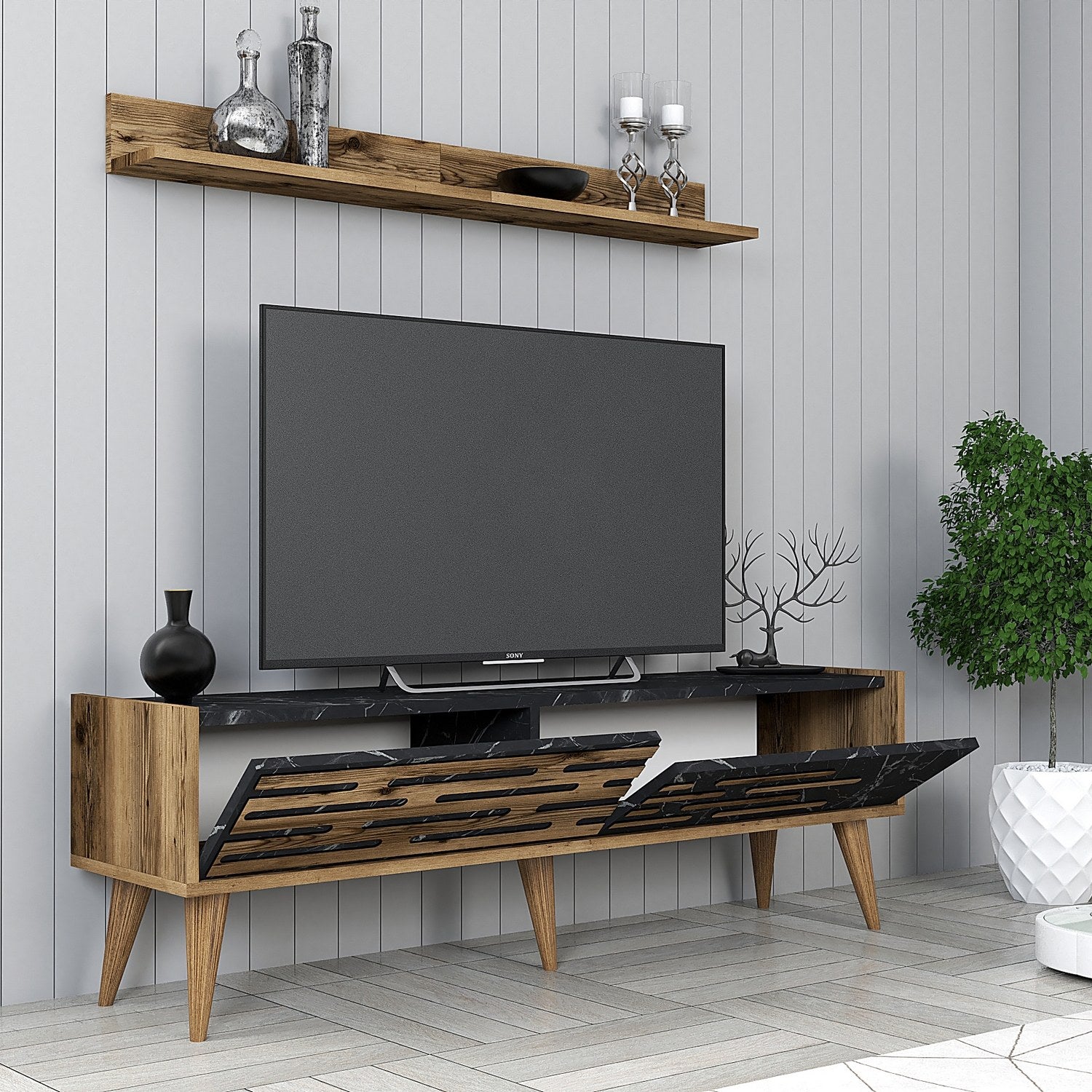 Móvel de TV elegante com prateleira de parede, nogueira e mármore preto, 140 cm | 100% revestido em melamina, 18 mm de espessura | Amplo espaço de armazenamento e design moderno para sala de estar