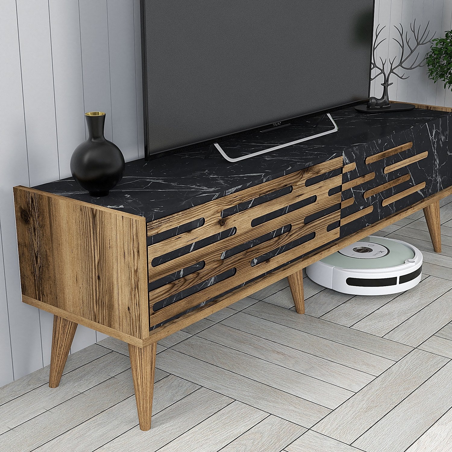 Móvel de TV elegante com prateleira de parede, nogueira e mármore preto, 140 cm | 100% revestido em melamina, 18 mm de espessura | Amplo espaço de armazenamento e design moderno para sala de estar