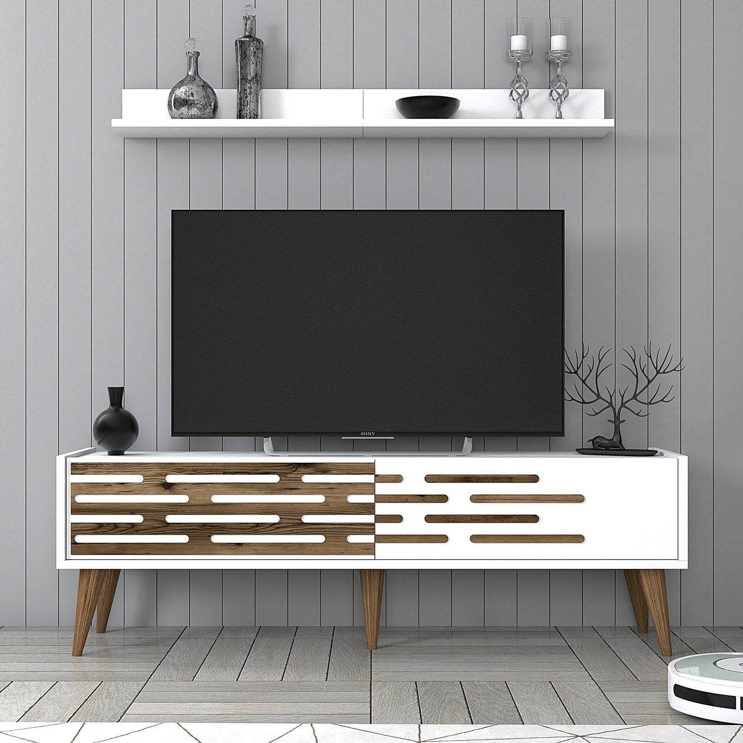 Móvel de TV moderno branco com prateleira de parede, 140 cm de largura, 35 cm de altura | 100% revestido em melamina, 18 mm de espessura | Solução de armazenamento elegante para sala de estar