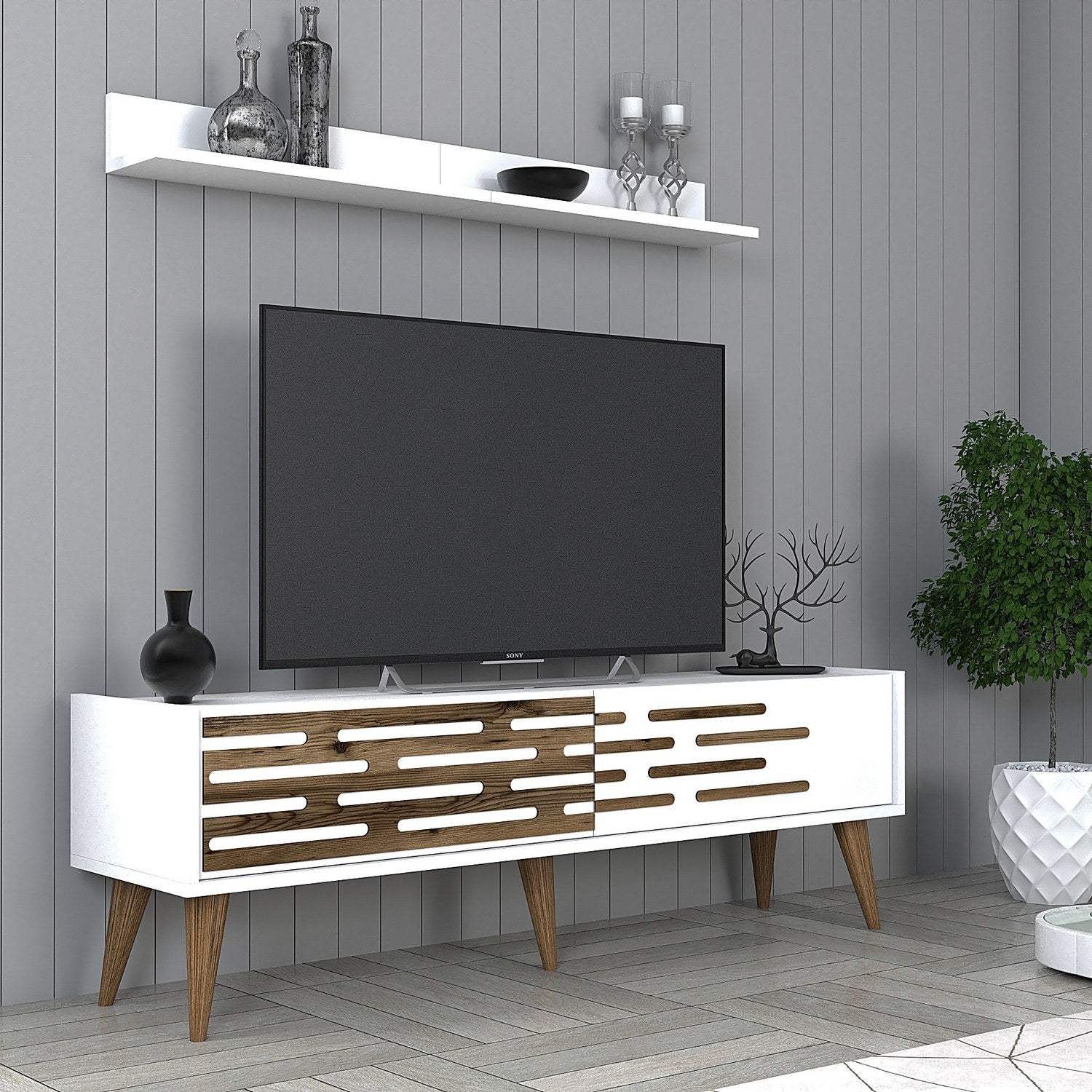 Móvel de TV moderno branco com prateleira de parede, 140 cm de largura, 35 cm de altura | 100% revestido em melamina, 18 mm de espessura | Solução de armazenamento elegante para sala de estar