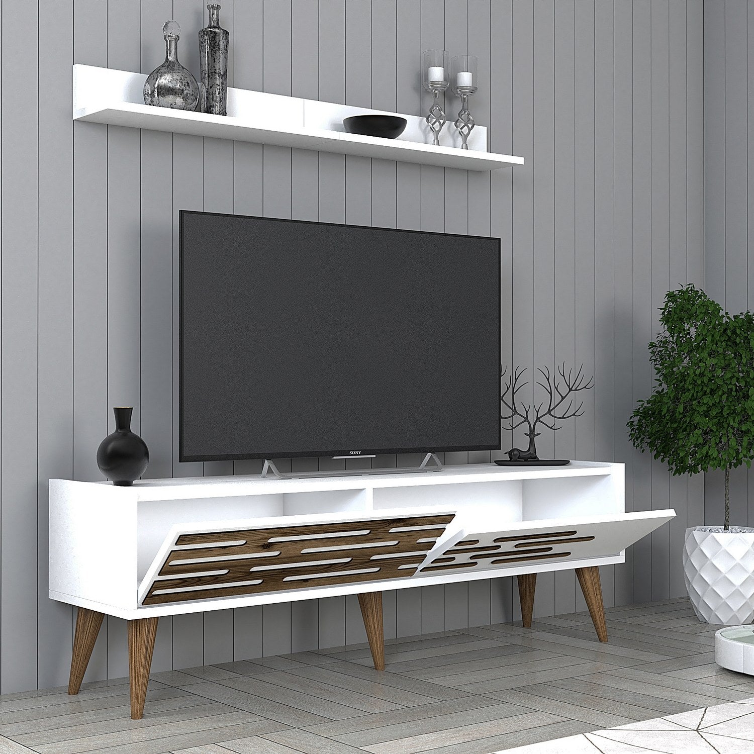 Móvel de TV moderno branco com prateleira de parede, 140 cm de largura, 35 cm de altura | 100% revestido em melamina, 18 mm de espessura | Solução de armazenamento elegante para sala de estar