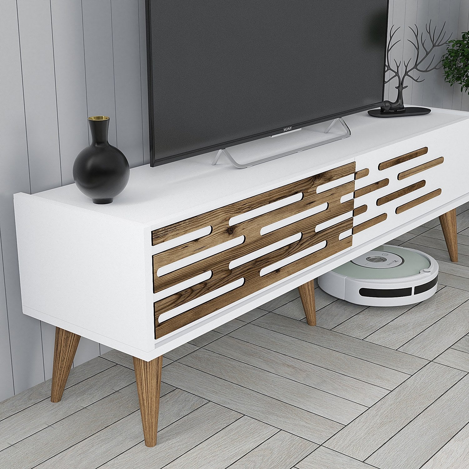 Móvel de TV moderno branco com prateleira de parede, 140 cm de largura, 35 cm de altura | 100% revestido em melamina, 18 mm de espessura | Solução de armazenamento elegante para sala de estar