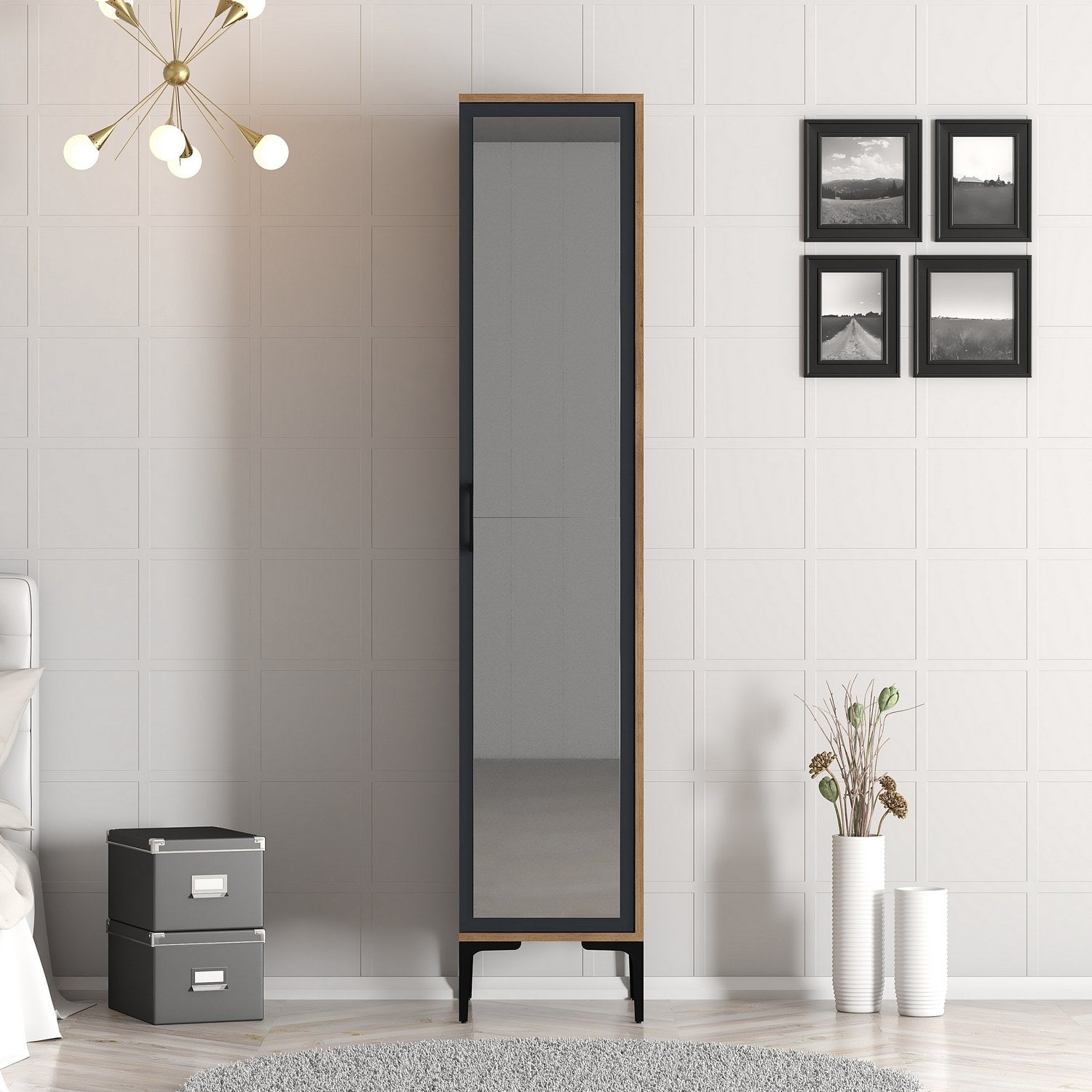 Guarda-roupa elegante – 40 x 47,5 x 201,4 cm – Nogueira e Antracite – Painel de partículas revestido de melamina