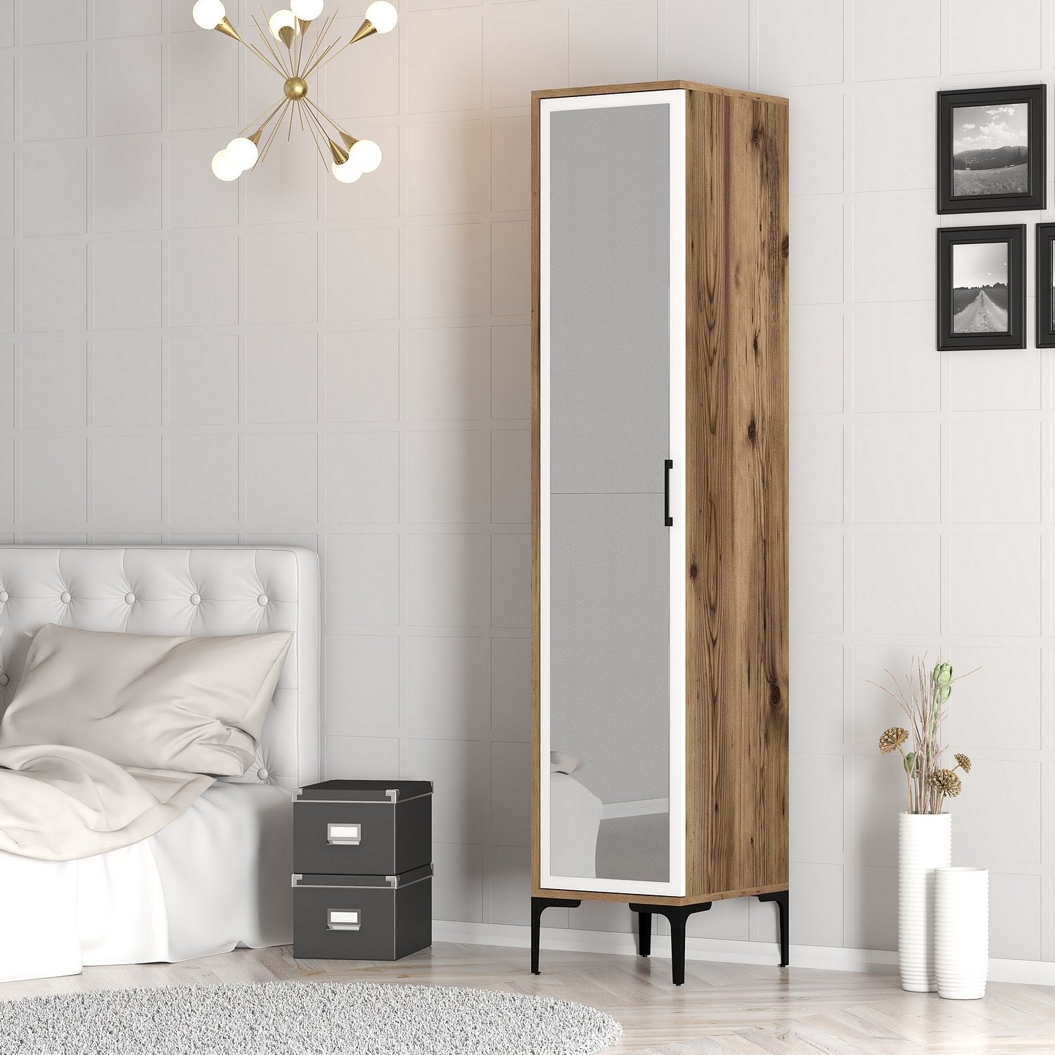 Guarda-roupa – 40 cm de largura x 201,4 cm de profundidade x 47,5 cm de altura – Nogueira e branco – Painel de partículas revestido em melamina