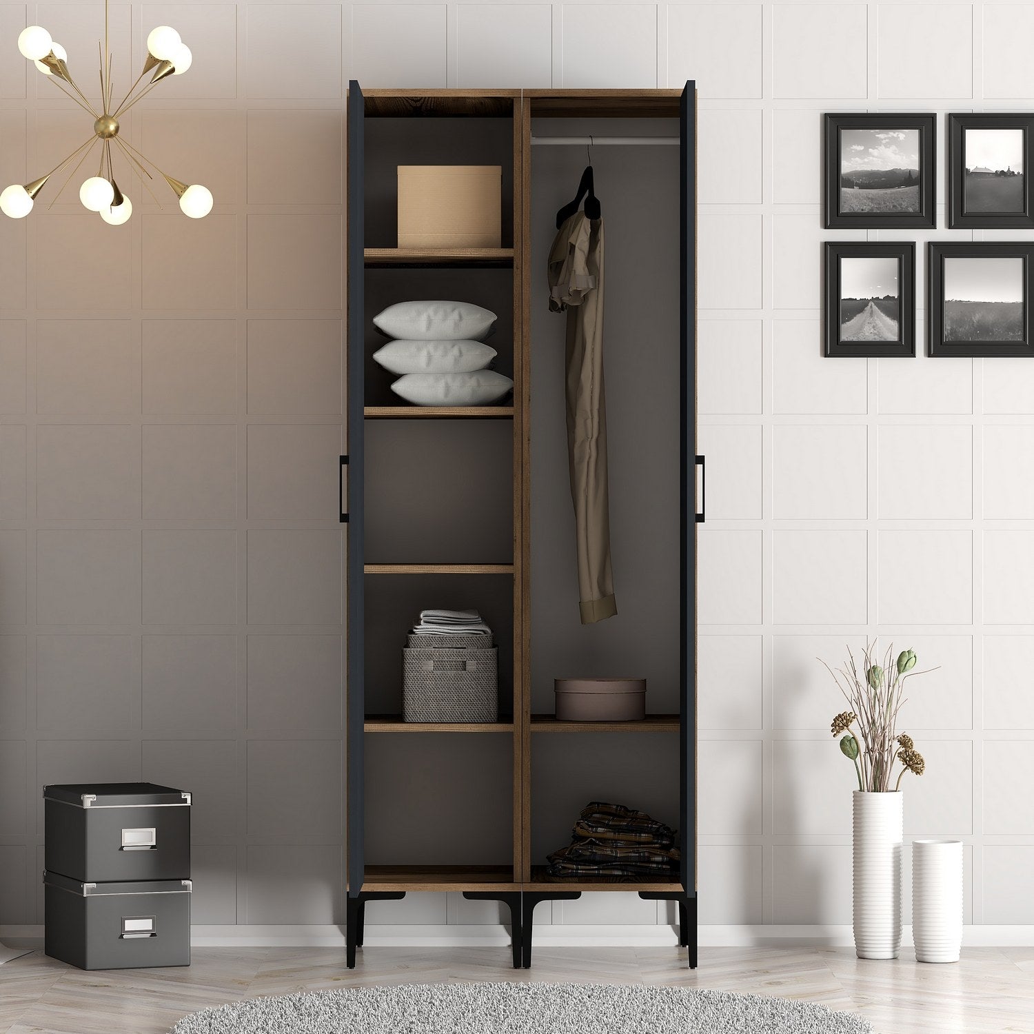 Guarda-roupa elegante – 80 cm x 201,4 cm x 47,5 cm – nogueira e antracite – painel de partículas revestido a melamina