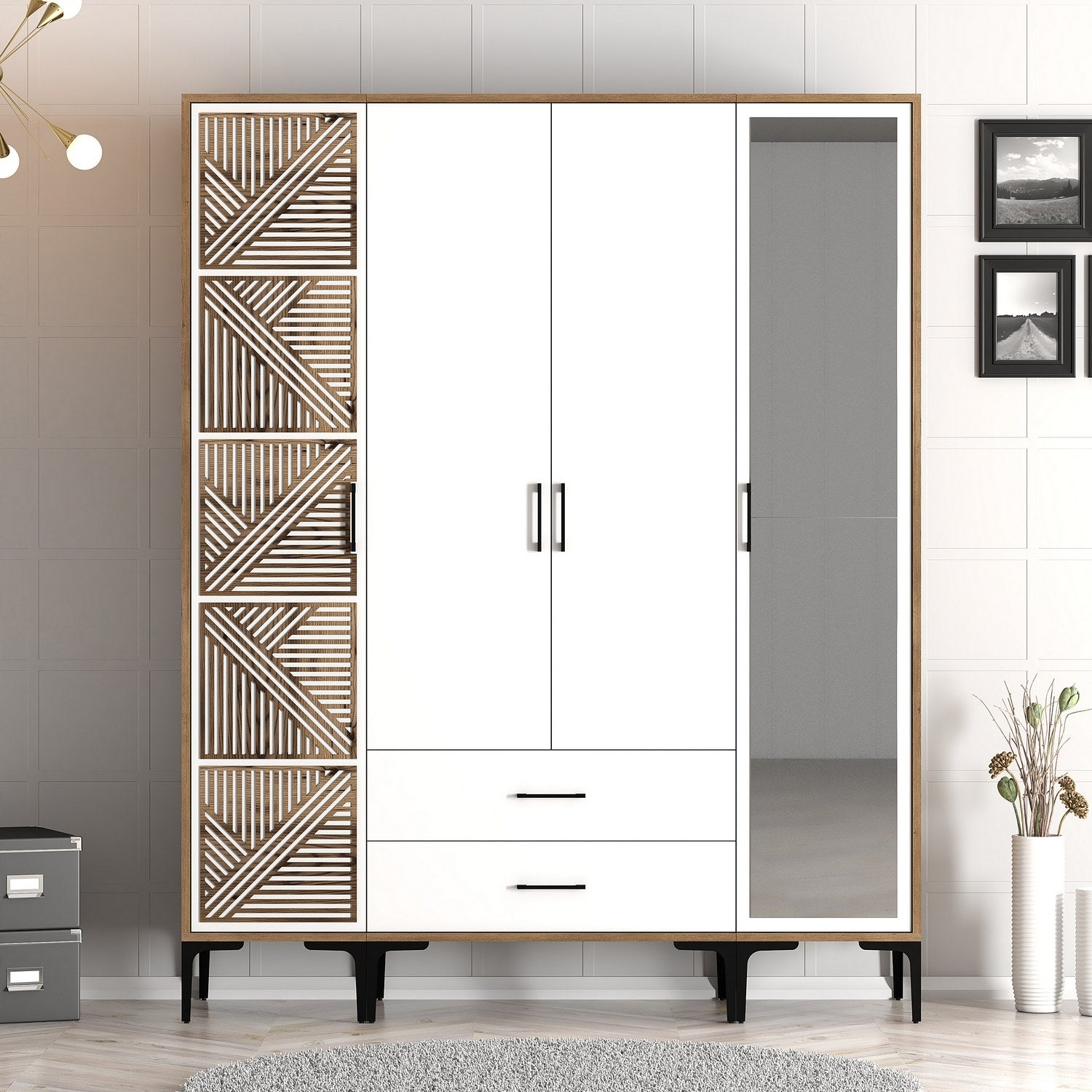 Guarda-roupa elegante – 160 cm x 201,4 cm x 47,5 cm – nogueira e branco – painel de partículas revestido a melamina