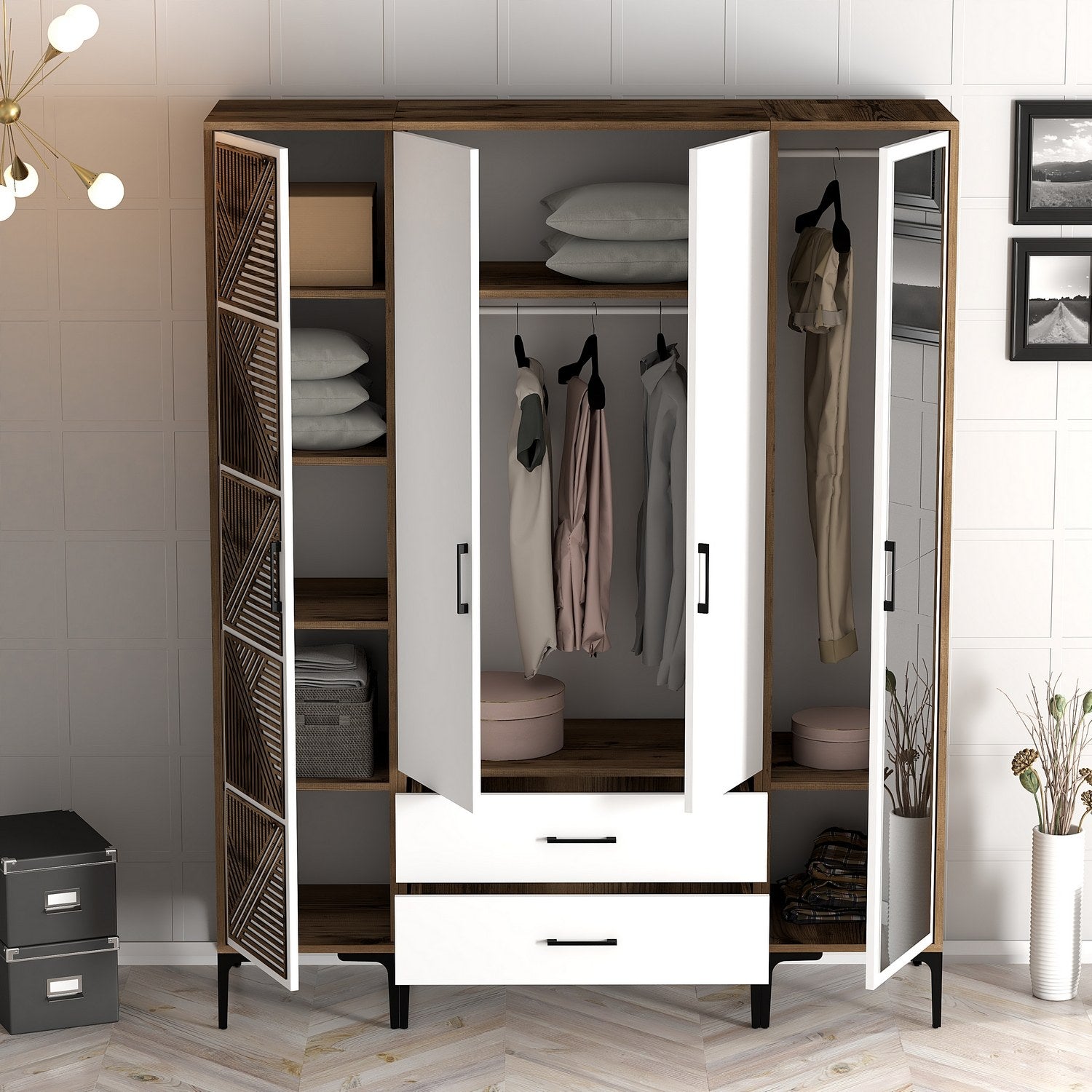 Guarda-roupa elegante – 160 cm x 201,4 cm x 47,5 cm – nogueira e branco – painel de partículas revestido a melamina
