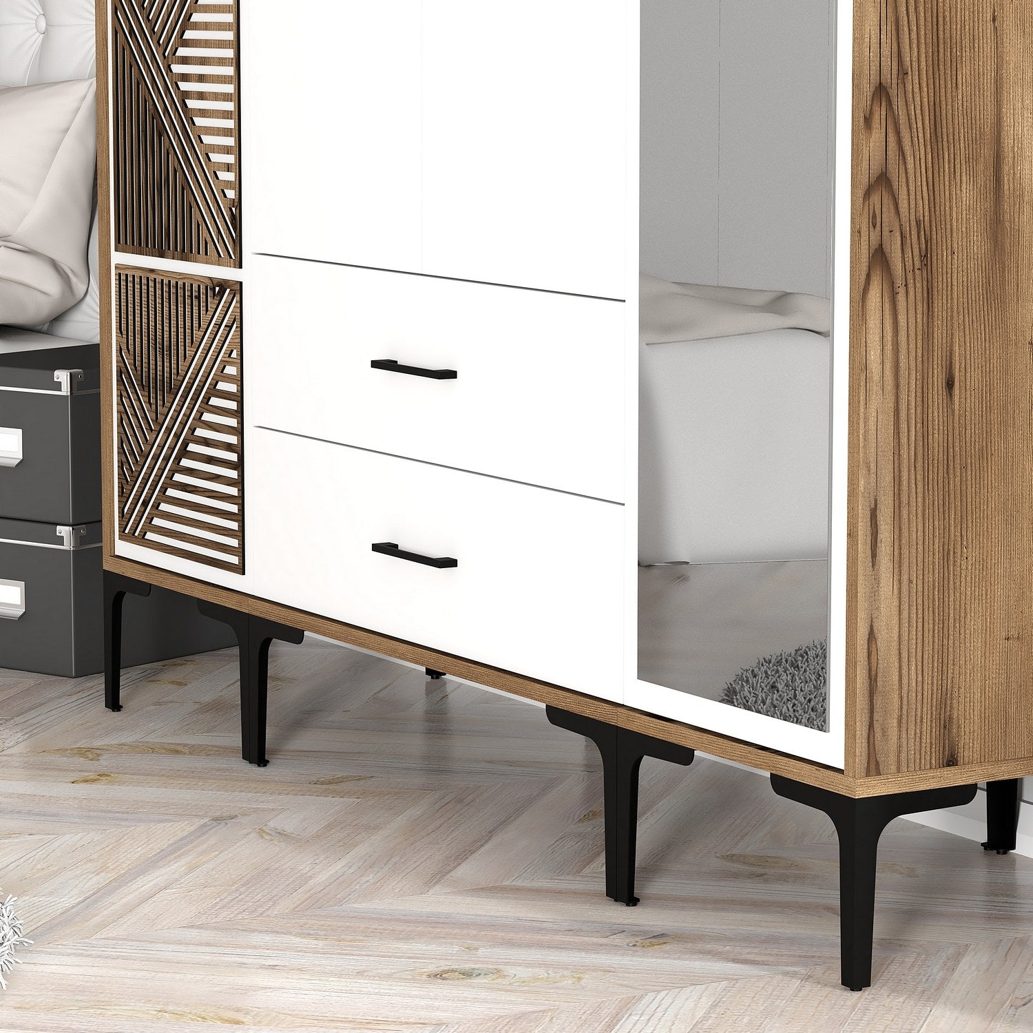 Guarda-roupa elegante – 160 cm x 201,4 cm x 47,5 cm – nogueira e branco – painel de partículas revestido a melamina