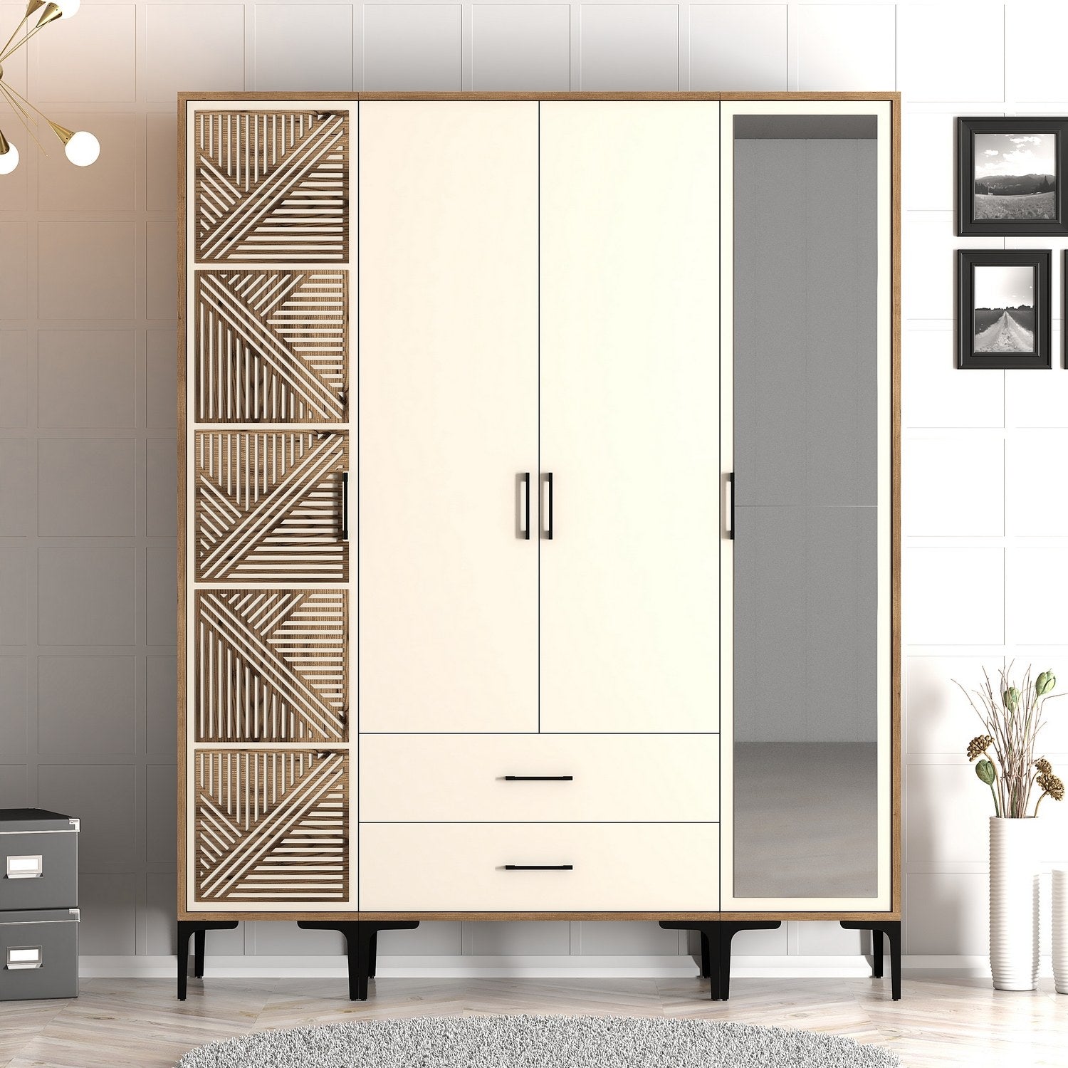 Guarda-roupa – 160 cm x 201,4 cm x 47,5 cm – nogueira e creme – painel de partículas revestido em melamina