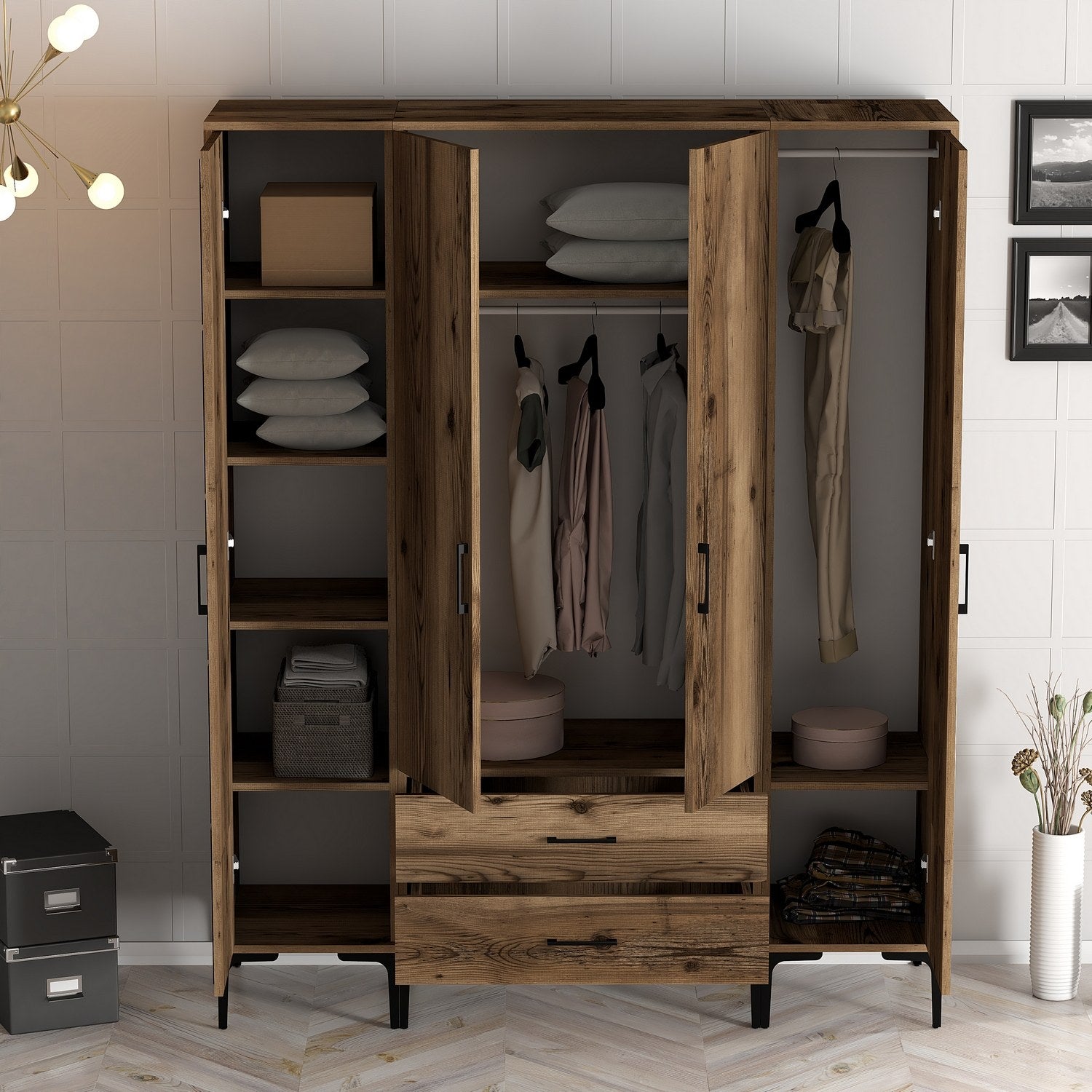 Guarda-roupa em nogueira – 160 cm x 201,4 cm x 47,5 cm – Painel de partículas revestido em melamina