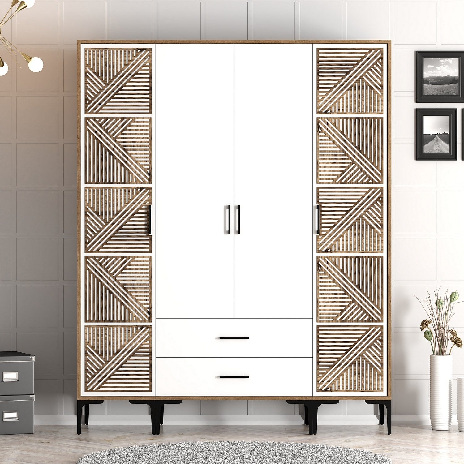 Guarda-roupa em nogueira e branco – 160 cm x 201,4 cm x 47,5 cm – 100% placa de partículas revestida em melamina