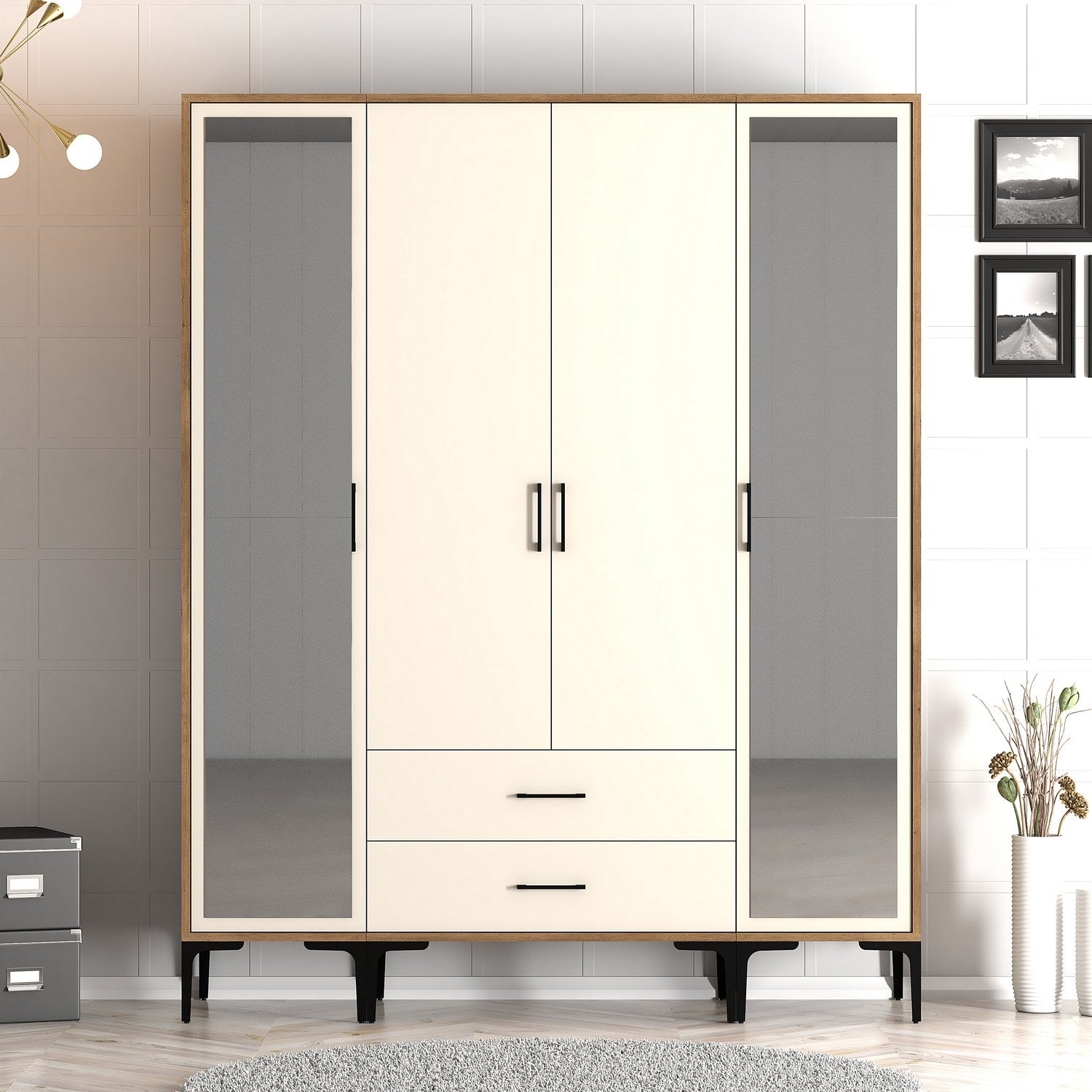 Guarda-roupa elegante em nogueira e creme – 160 cm x 201,4 cm x 47,5 cm – material em placa de partículas revestida de melamina