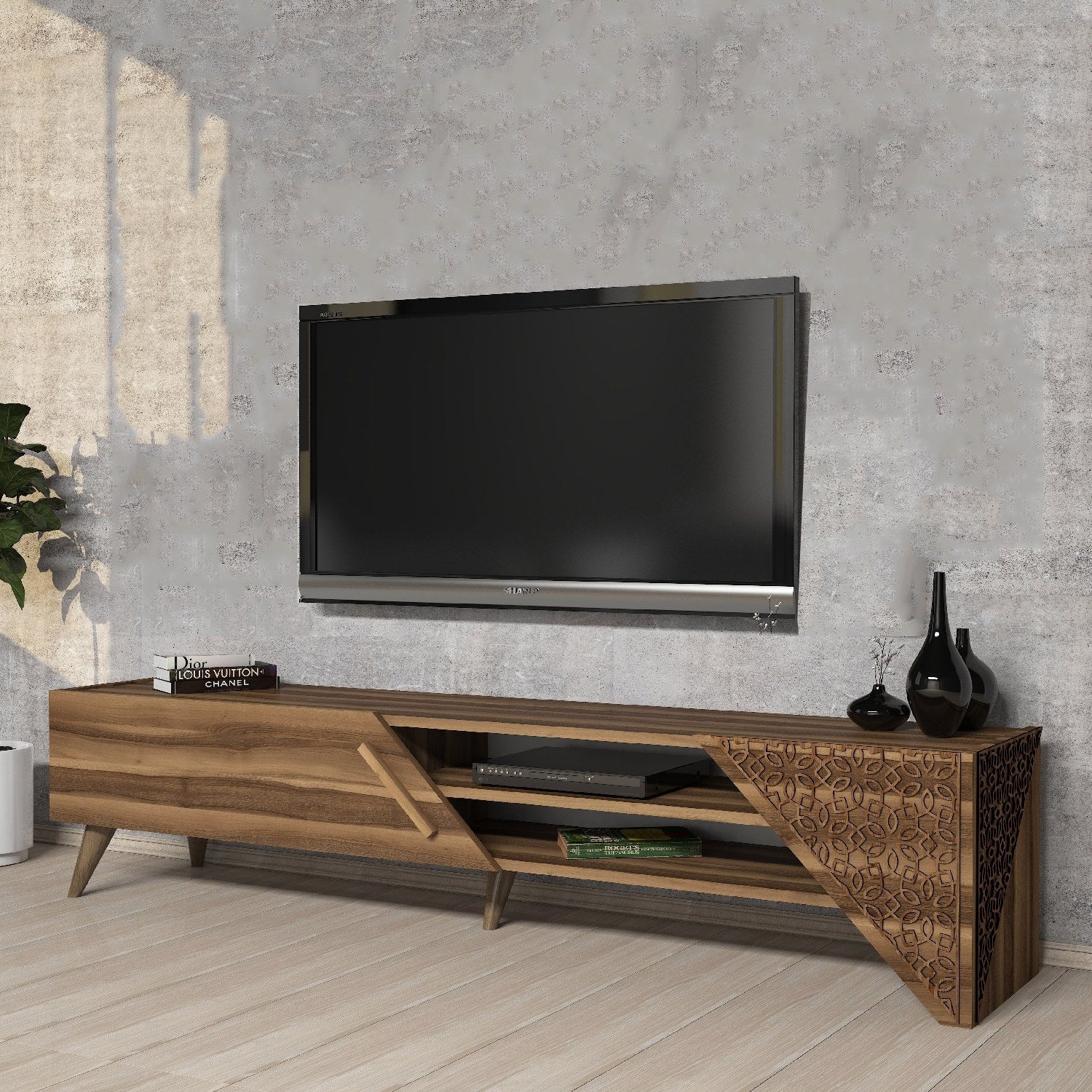 Suporte de TV elegante em nogueira, 180 cm x 37 cm x 40 cm | Painel de partículas 100% revestido em melamina, 18 mm de espessura | Perfeito para salas de estar e espaços de entretenimento modernos