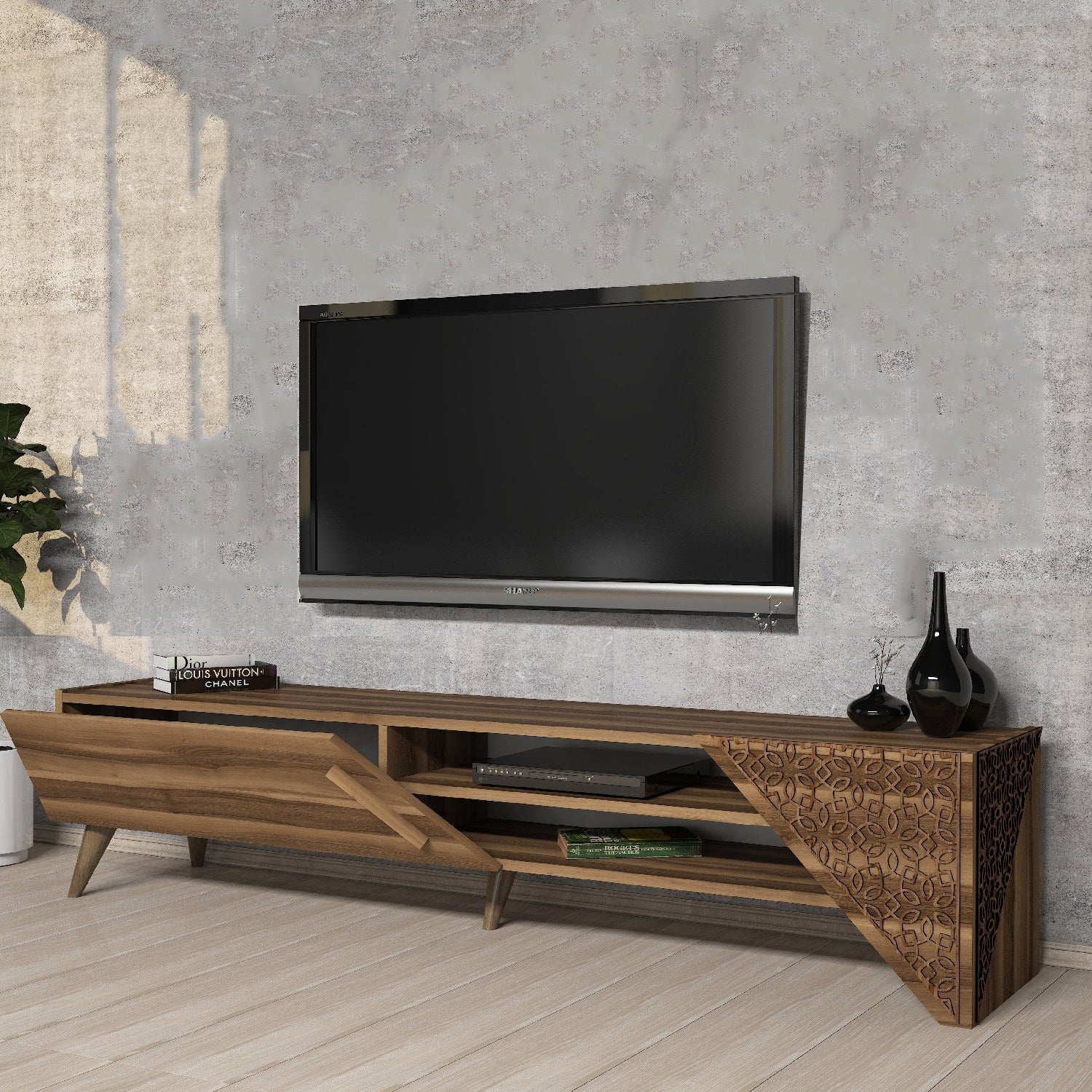 Suporte de TV elegante em nogueira, 180 cm x 37 cm x 40 cm | Painel de partículas 100% revestido em melamina, 18 mm de espessura | Perfeito para salas de estar e espaços de entretenimento modernos
