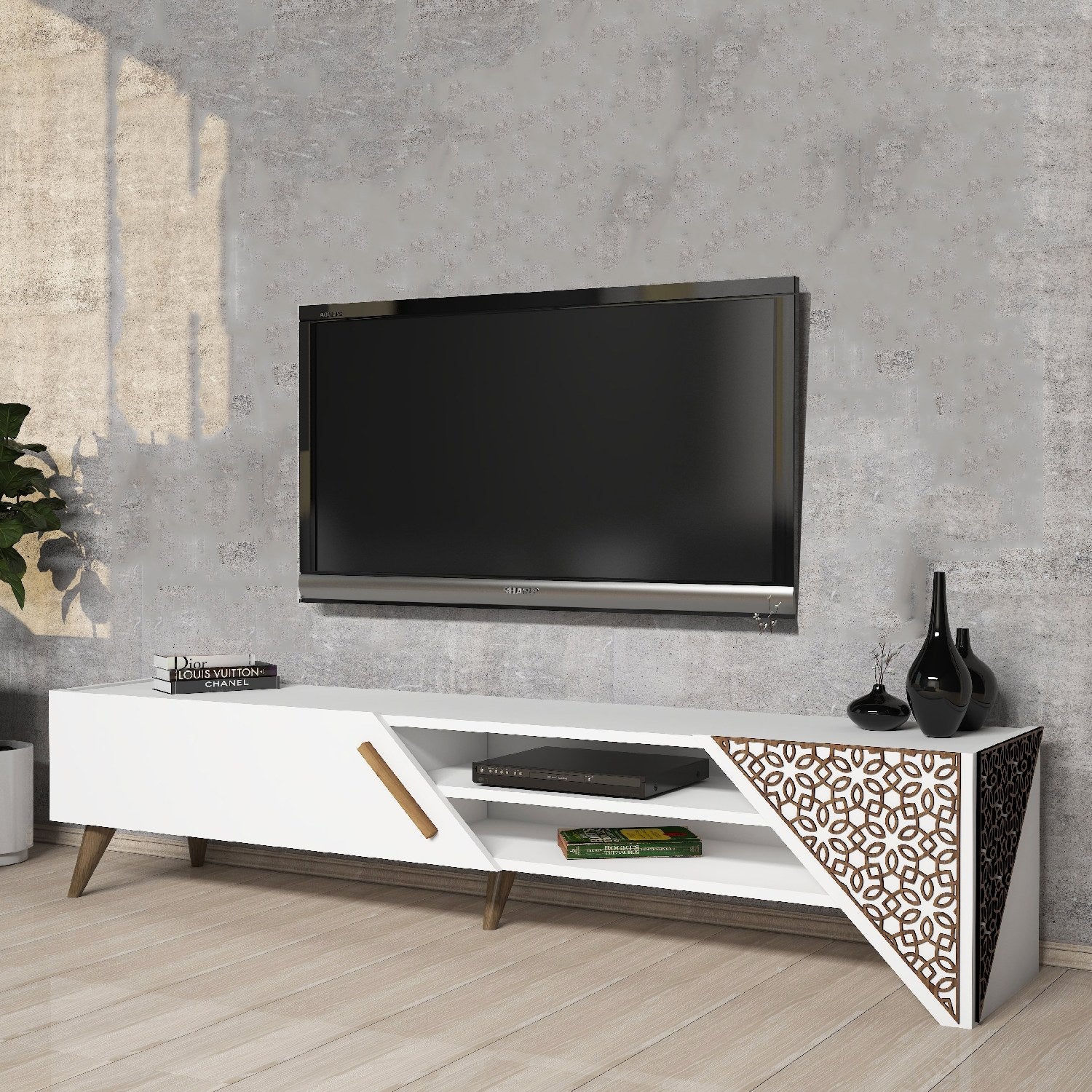 Suporte de TV moderno branco, 180 cm, 37 cm de altura, 40 cm de profundidade | Painel de partículas 100% revestido em melamina, 18 mm de espessura | Elegante e funcional para salas de estar