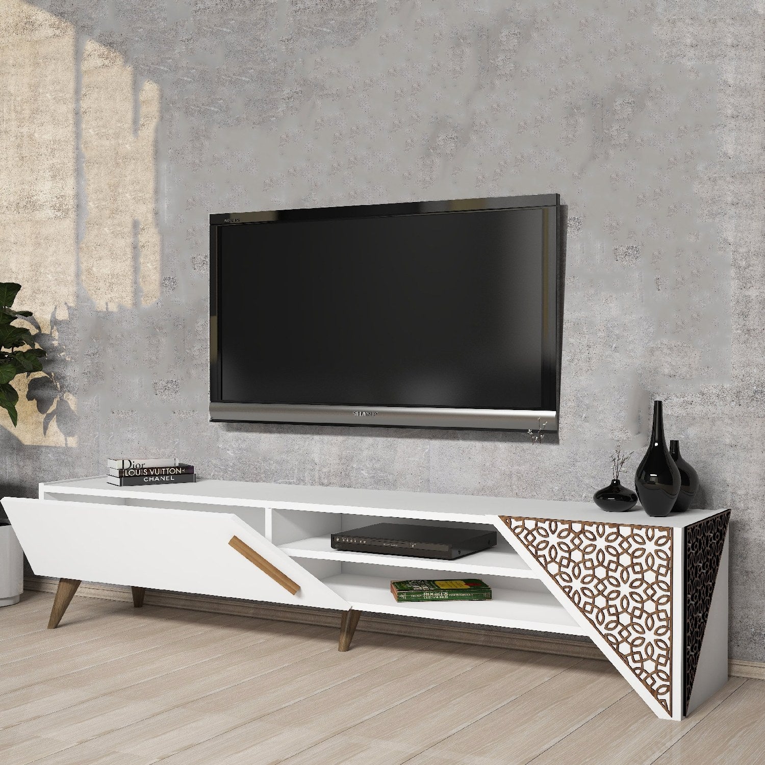 Suporte de TV moderno branco, 180 cm, 37 cm de altura, 40 cm de profundidade | Painel de partículas 100% revestido em melamina, 18 mm de espessura | Elegante e funcional para salas de estar