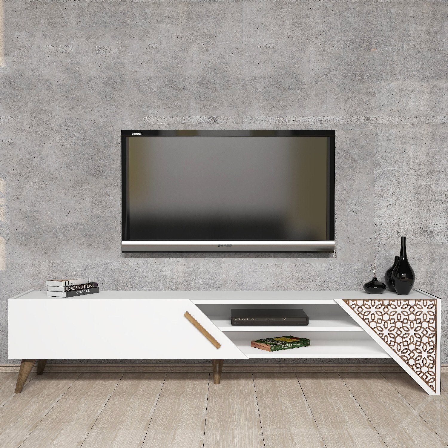 Suporte de TV moderno branco, 180 cm, 37 cm de altura, 40 cm de profundidade | Painel de partículas 100% revestido em melamina, 18 mm de espessura | Elegante e funcional para salas de estar