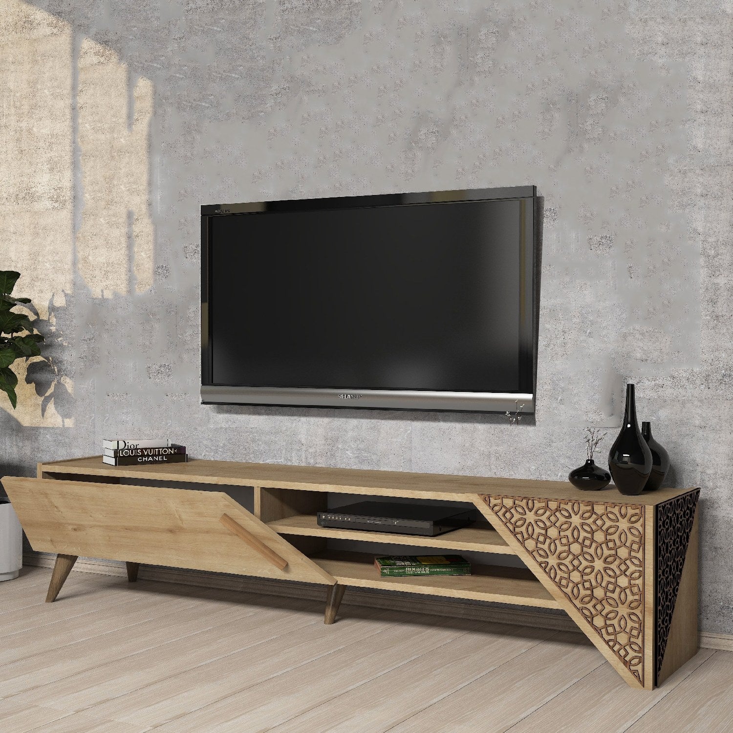 Suporte de TV elegante em carvalho, 180 cm de largura, 37 cm de altura, 40 cm de profundidade | Painel de partículas 100% revestido em melamina, 18 mm de espessura | Perfeito para salas de estar modernas