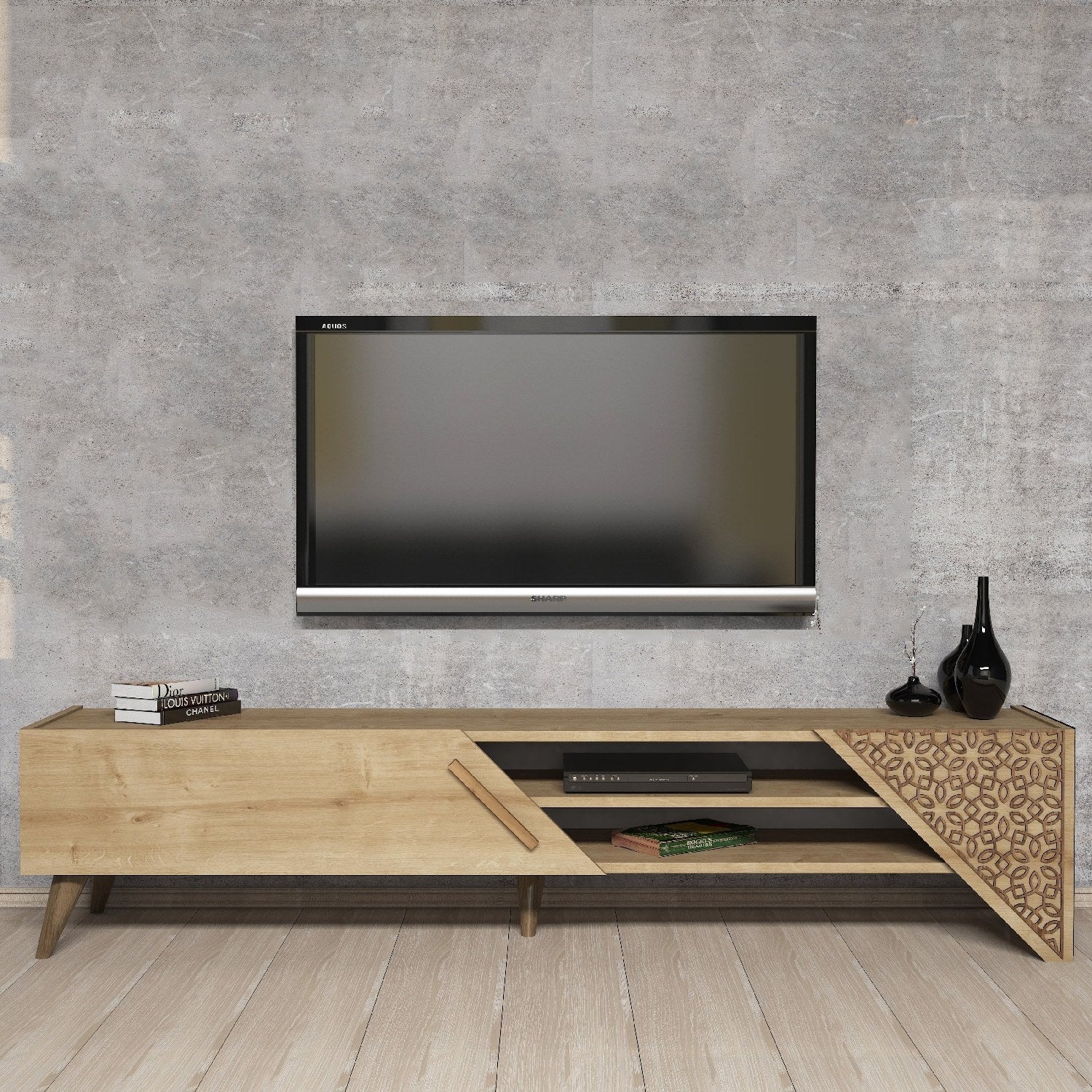 Suporte de TV elegante em carvalho, 180 cm de largura, 37 cm de altura, 40 cm de profundidade | Painel de partículas 100% revestido em melamina, 18 mm de espessura | Perfeito para salas de estar modernas