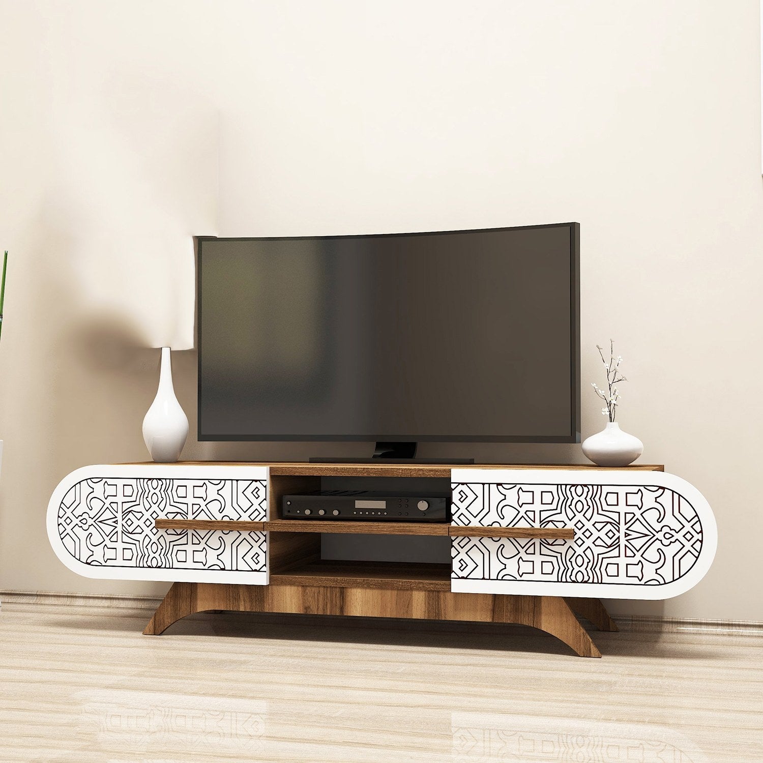 Suporte de TV elegante, nogueira e branco, 145 x 37 x 37 cm | Painel de partículas 100% revestido de melamina, 18 mm de espessura | Design moderno para salas de estar e espaços de entretenimento
