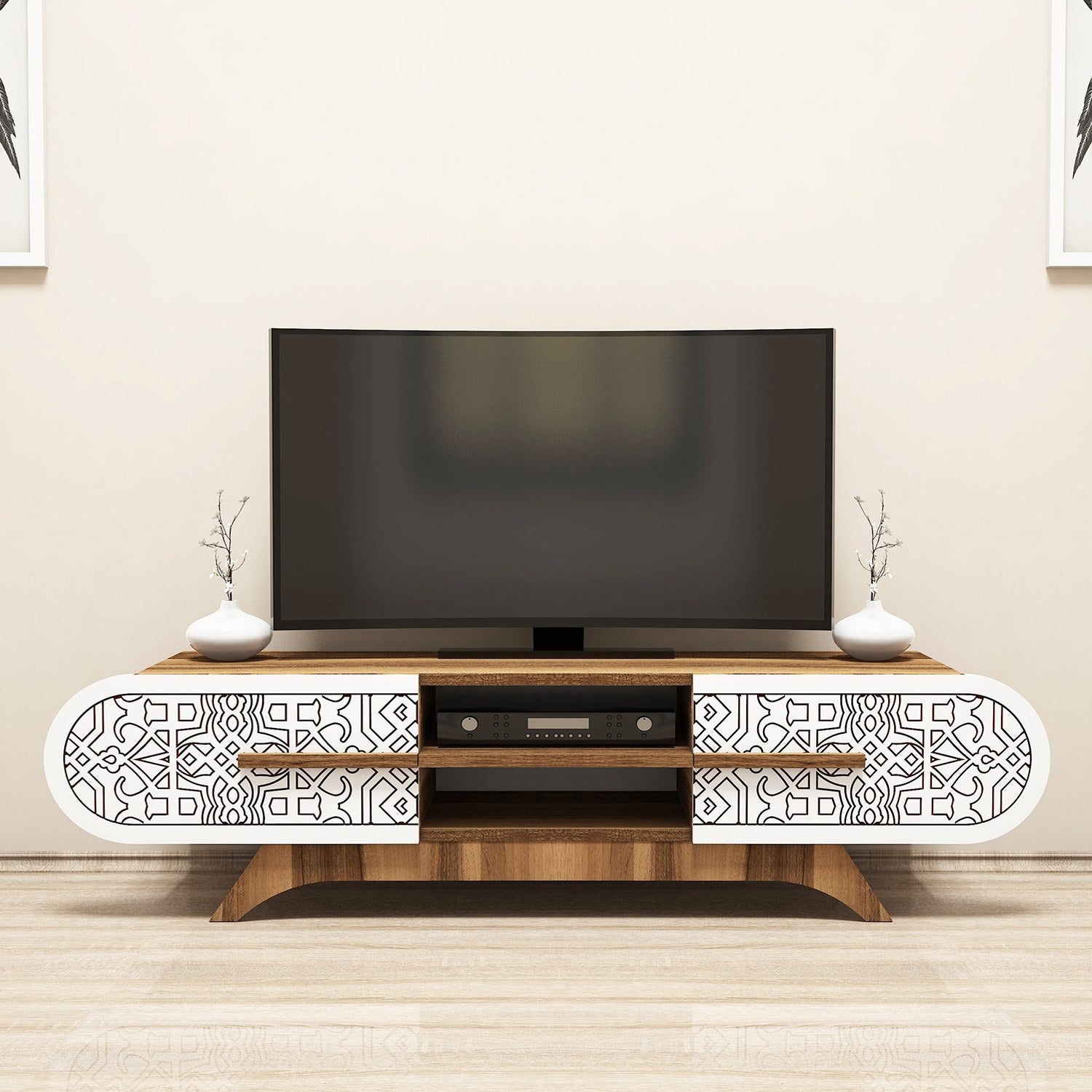 Suporte de TV elegante, nogueira e branco, 145 x 37 x 37 cm | Painel de partículas 100% revestido de melamina, 18 mm de espessura | Design moderno para salas de estar e espaços de entretenimento