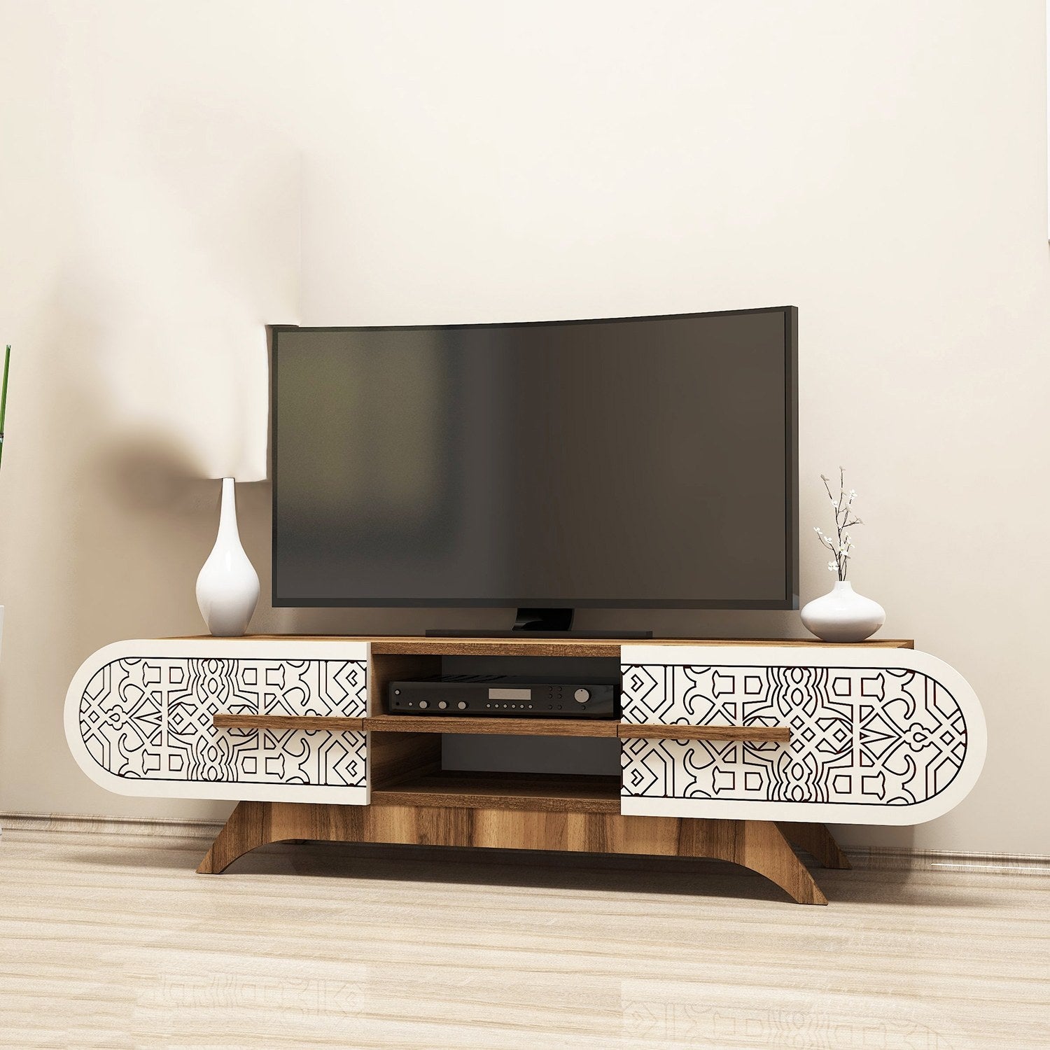 Suporte de TV elegante, nogueira e creme, 145 x 37 x 37 cm | Painel de partículas 100% revestido de melamina, 18 mm de espessura | Design moderno para salas de estar e espaços de entretenimento