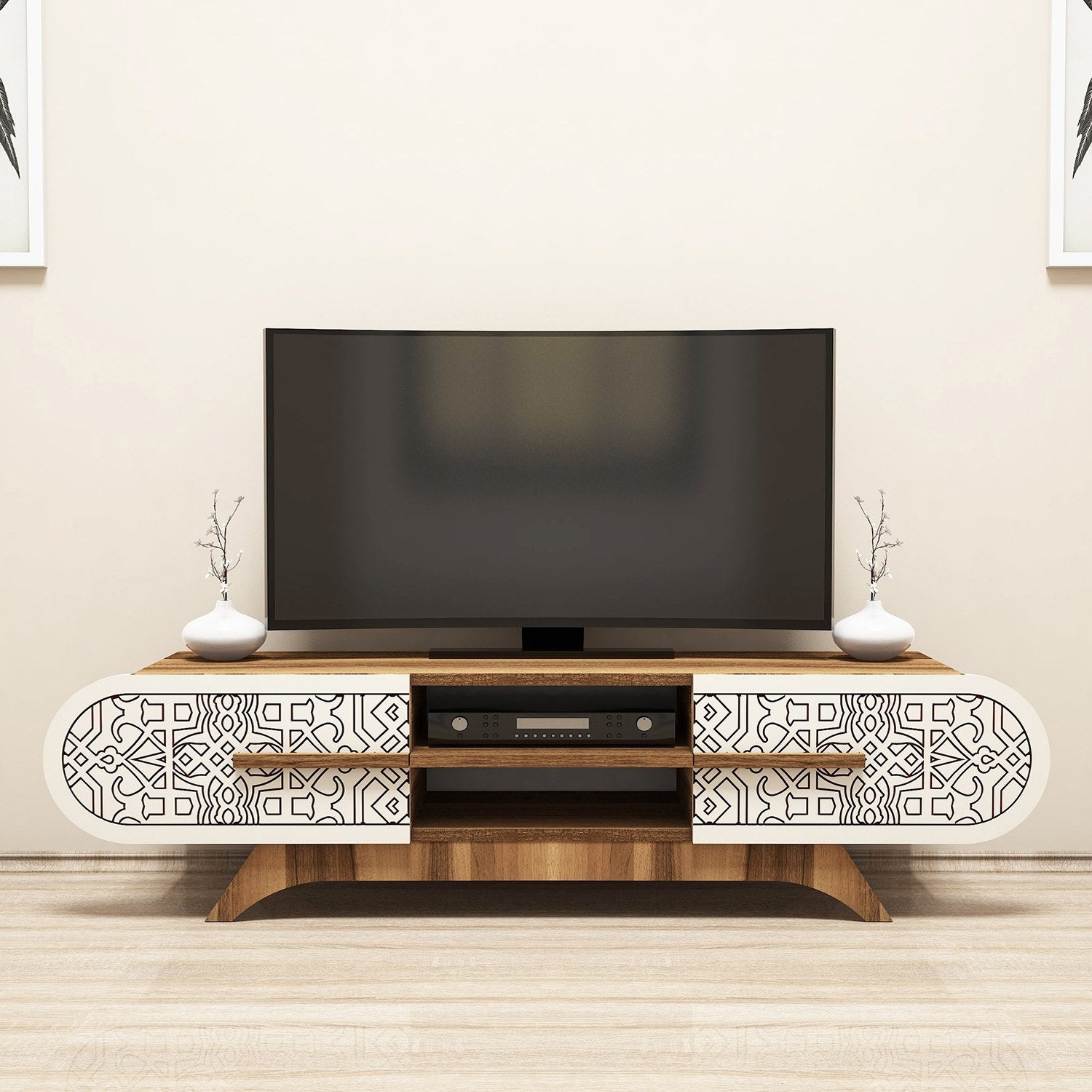 Suporte de TV elegante, nogueira e creme, 145 x 37 x 37 cm | Painel de partículas 100% revestido de melamina, 18 mm de espessura | Design moderno para salas de estar e espaços de entretenimento