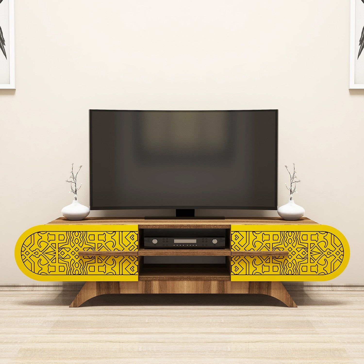 Suporte de TV elegante, nogueira e amarelo, 145 x 37 x 37 cm | Painel de partículas 100% revestido de melamina, 18 mm de espessura | Design moderno para salas de estar e espaços de entretenimento