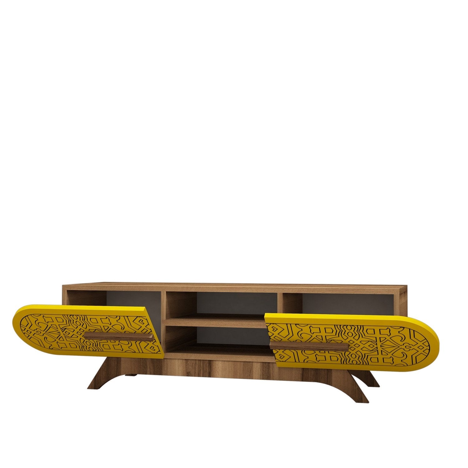 Suporte de TV elegante, nogueira e amarelo, 145 x 37 x 37 cm | Painel de partículas 100% revestido de melamina, 18 mm de espessura | Design moderno para salas de estar e espaços de entretenimento