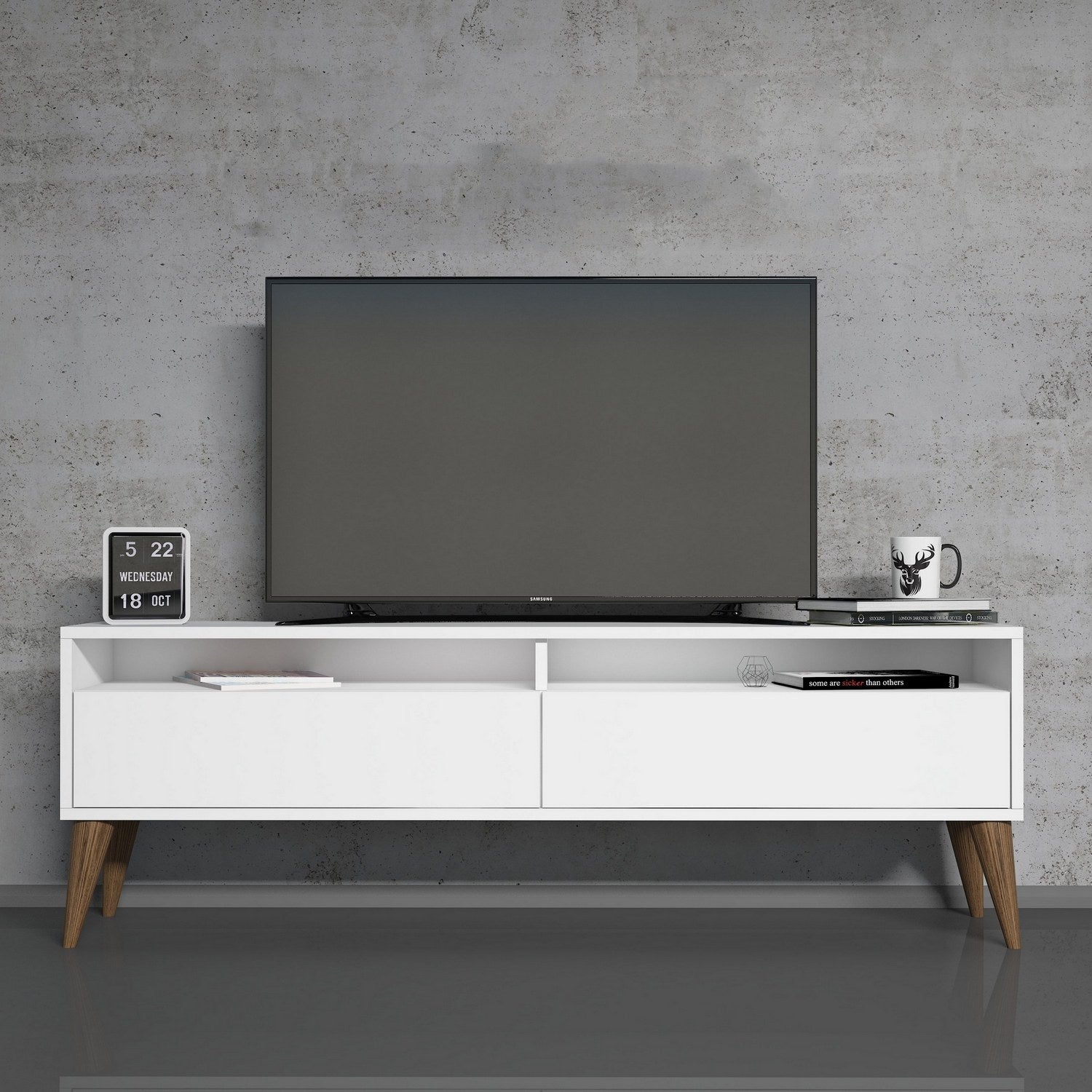 Suporte de TV moderno branco, 150 cm de largura, 30 cm de altura, 50 cm de profundidade | Painel de partículas 100% revestido de melamina, 18 mm de espessura | Elegante e funcional para salas de estar