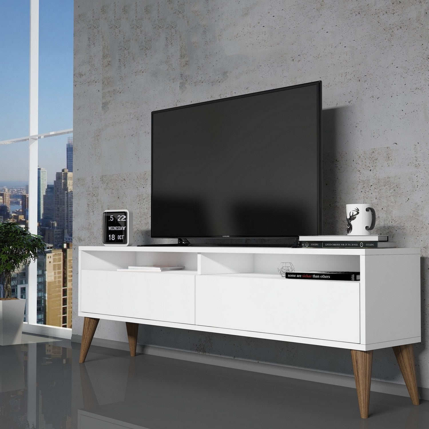 Suporte de TV moderno branco, 150 cm de largura, 30 cm de altura, 50 cm de profundidade | Painel de partículas 100% revestido de melamina, 18 mm de espessura | Elegante e funcional para salas de estar