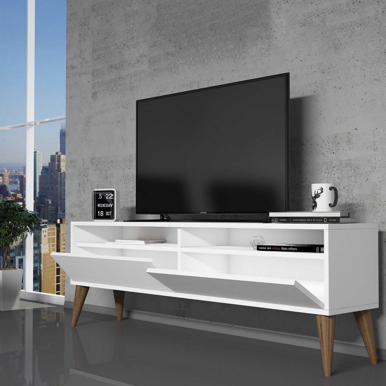 Suporte de TV moderno branco, 150 cm de largura, 30 cm de altura, 50 cm de profundidade | Painel de partículas 100% revestido de melamina, 18 mm de espessura | Elegante e funcional para salas de estar