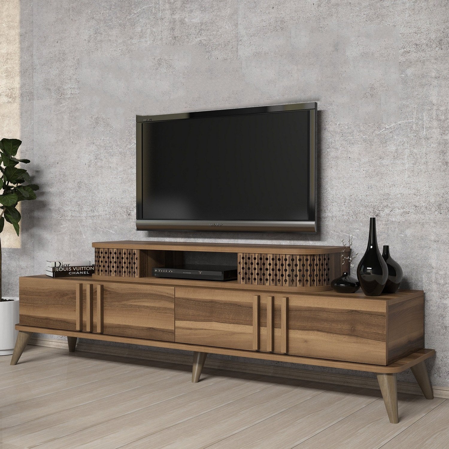 Suporte de TV elegante em nogueira, 168 cm x 39 cm x 51 cm | Painel de partículas 100% revestido em melamina, 18 mm de espessura | Perfeito para salas de estar e espaços de entretenimento modernos
