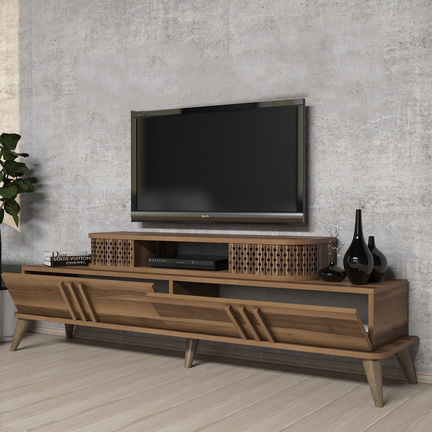Suporte de TV elegante em nogueira, 168 cm x 39 cm x 51 cm | Painel de partículas 100% revestido em melamina, 18 mm de espessura | Perfeito para salas de estar e espaços de entretenimento modernos