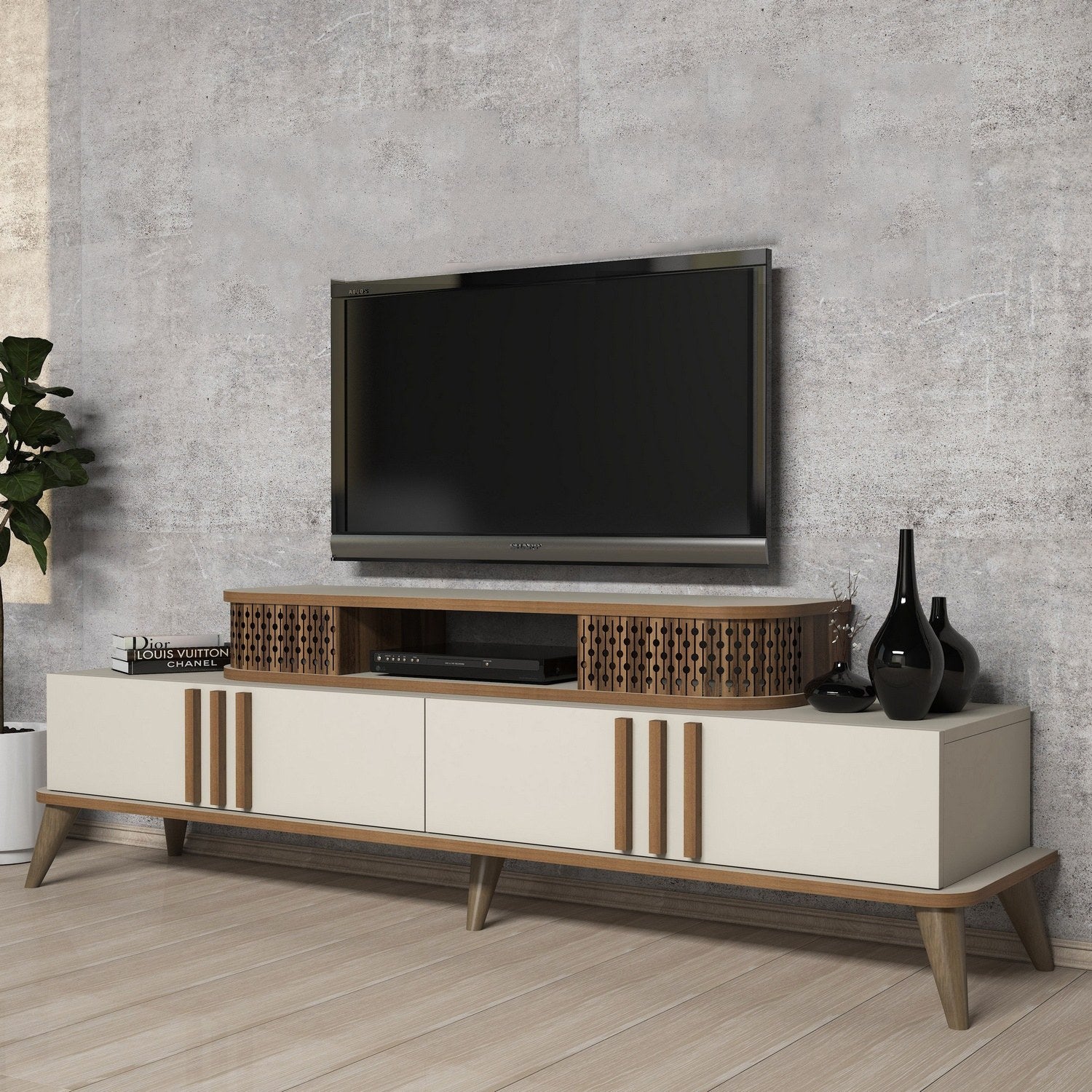 Móvel de TV – 168 cm de largura, 39 cm de altura, 51 cm de profundidade – Creme – Painel de partículas revestido a melamina