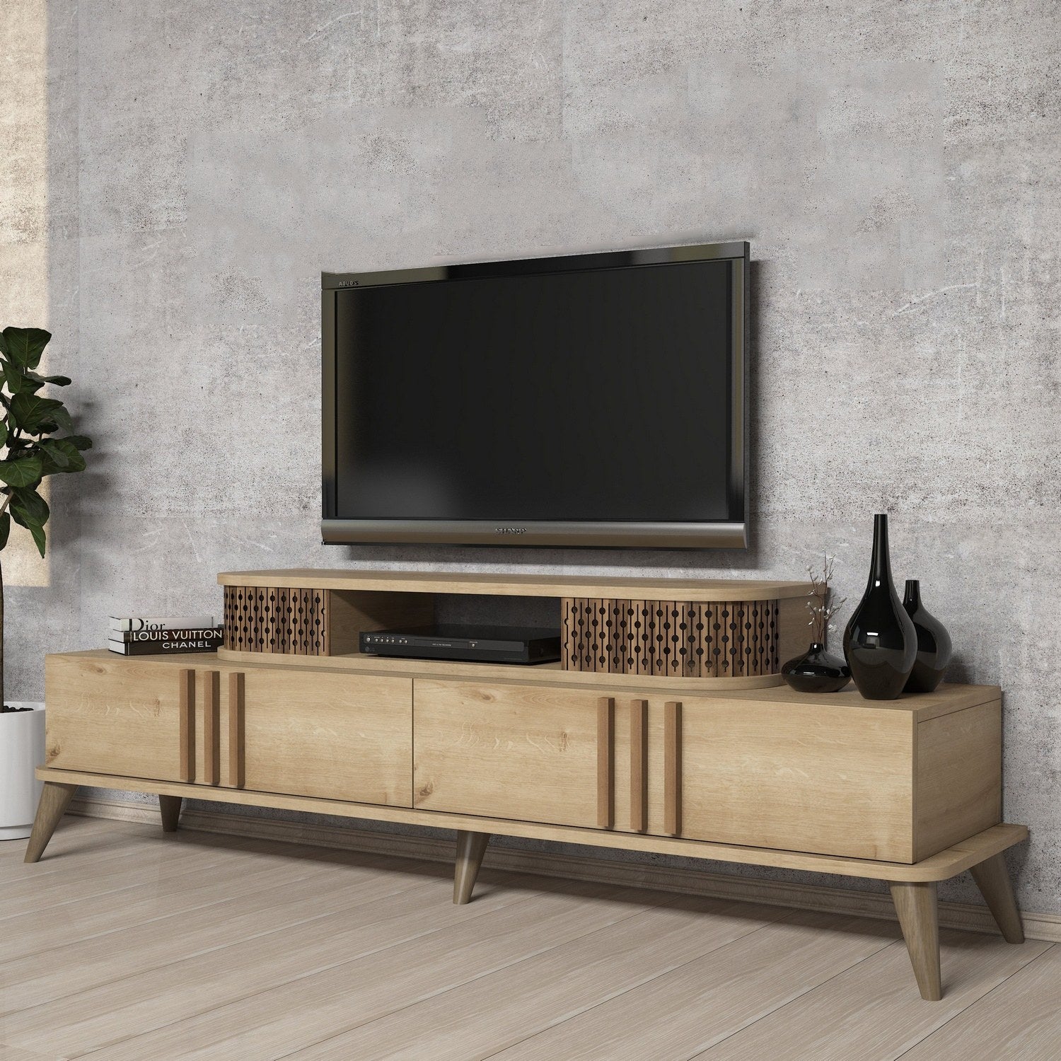 Suporte de TV elegante em carvalho, 168 cm x 39 cm x 51 cm | Painel de partículas 100% revestido em melamina, 18 mm de espessura | Perfeito para salas de estar e espaços de entretenimento modernos