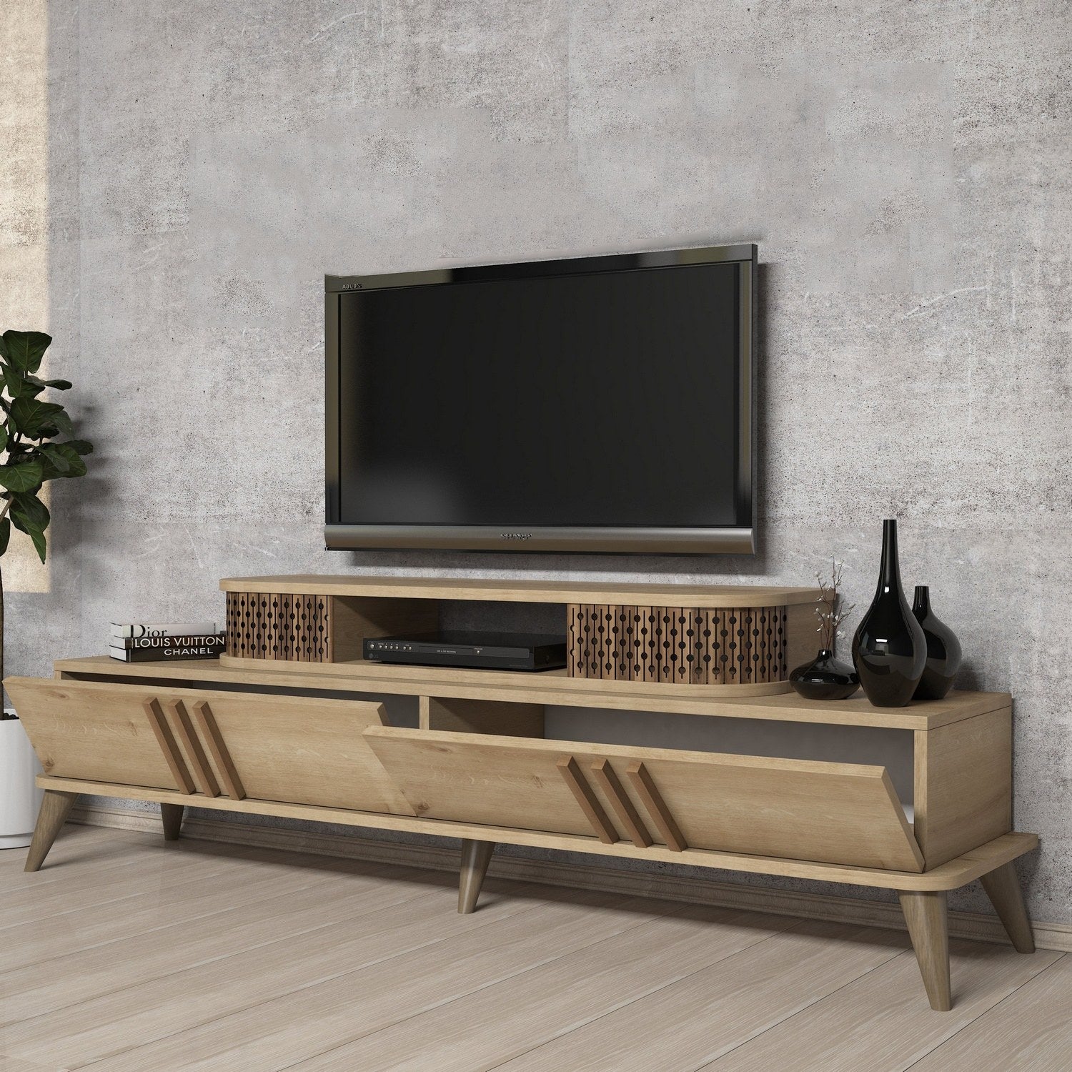 Suporte de TV elegante em carvalho, 168 cm x 39 cm x 51 cm | Painel de partículas 100% revestido em melamina, 18 mm de espessura | Perfeito para salas de estar e espaços de entretenimento modernos