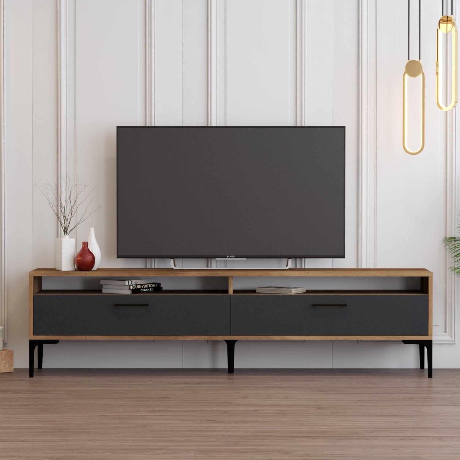 Suporte de TV elegante, nogueira e antracite, 180 x 35 x 47 cm | Painel de partículas 100% revestido de melamina, 18 mm de espessura | Design moderno para salas de estar e espaços de entretenimento
