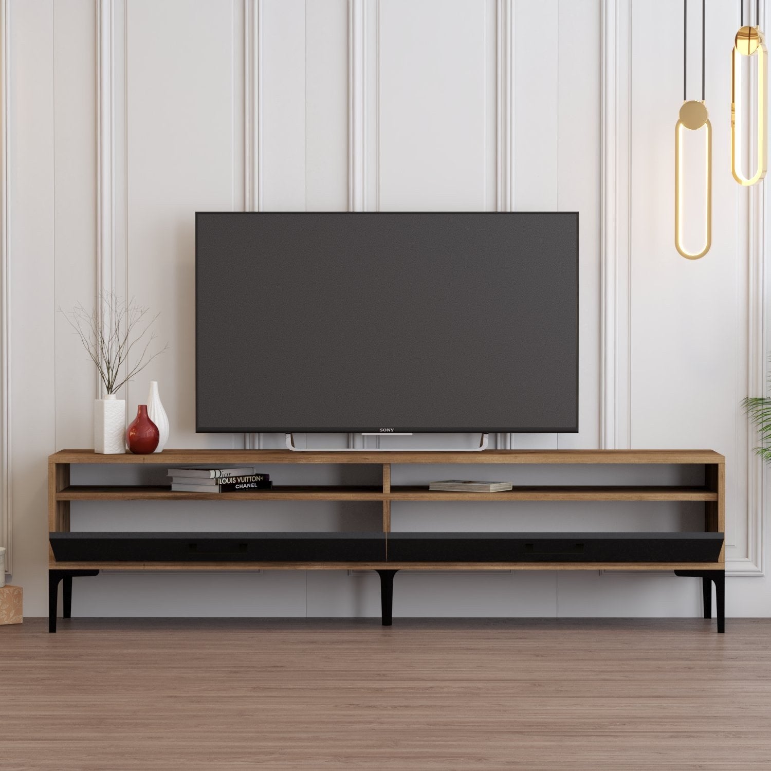 Suporte de TV elegante, nogueira e antracite, 180 x 35 x 47 cm | Painel de partículas 100% revestido de melamina, 18 mm de espessura | Design moderno para salas de estar e espaços de entretenimento