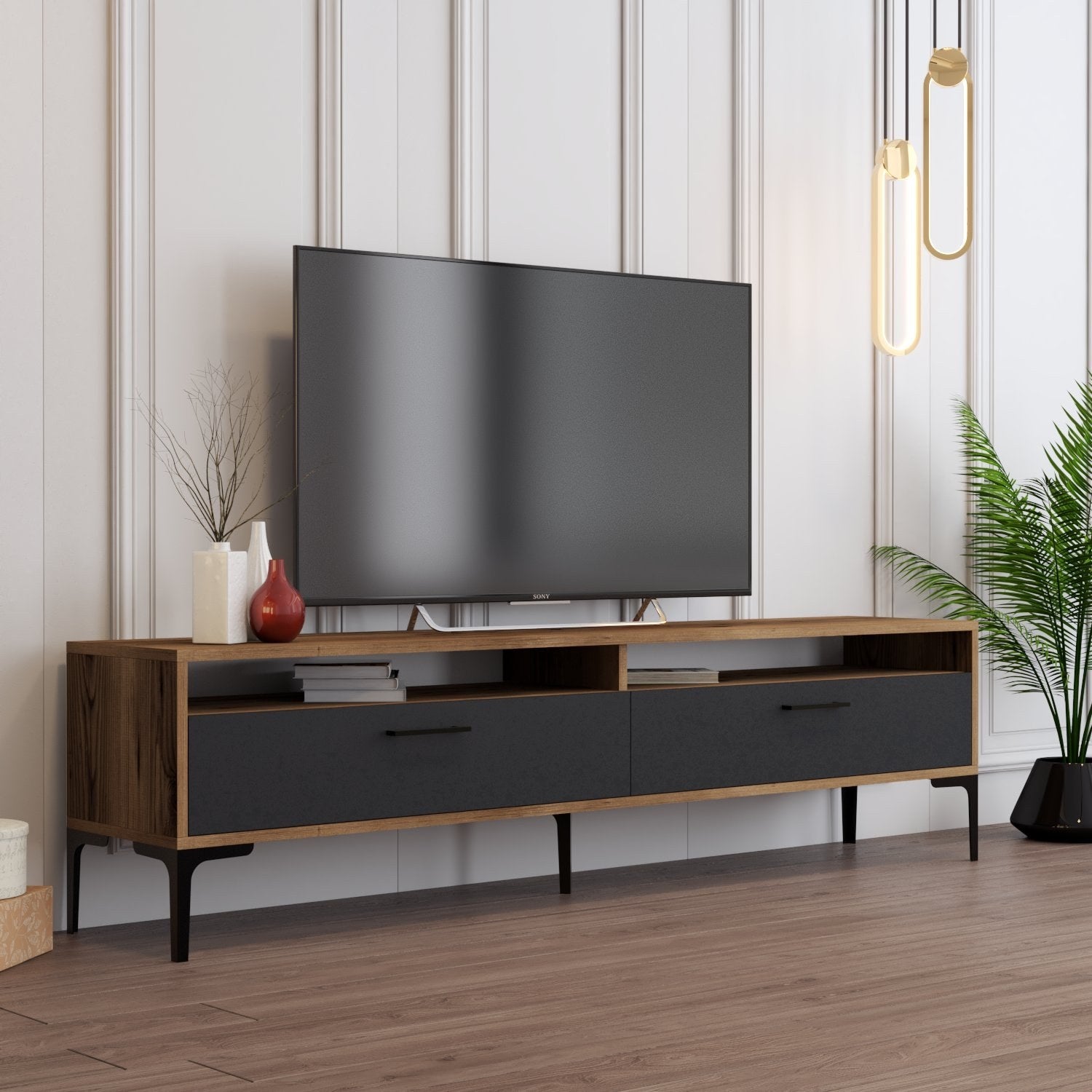 Suporte de TV elegante, nogueira e antracite, 180 x 35 x 47 cm | Painel de partículas 100% revestido de melamina, 18 mm de espessura | Design moderno para salas de estar e espaços de entretenimento