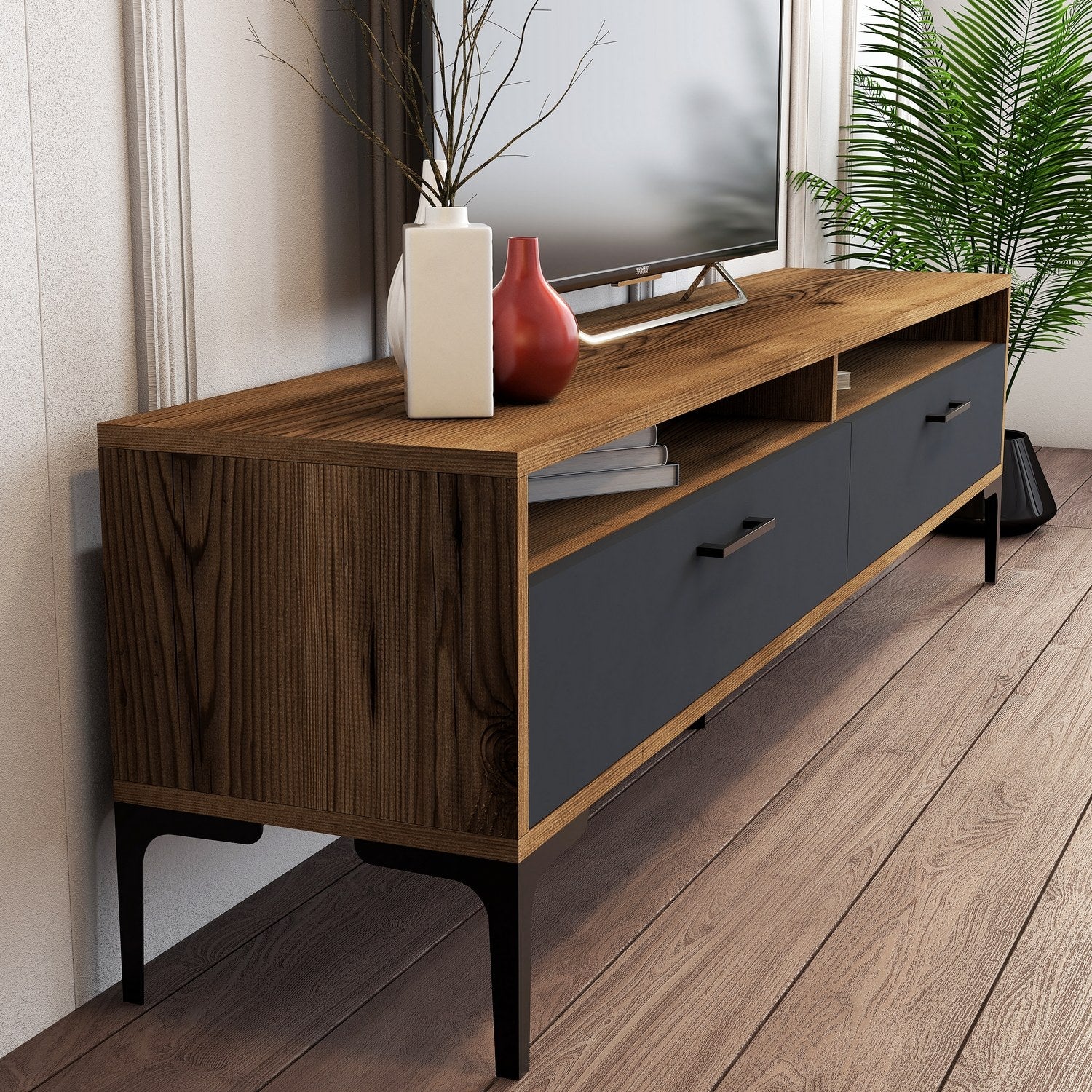 Suporte de TV elegante, nogueira e antracite, 180 x 35 x 47 cm | Painel de partículas 100% revestido de melamina, 18 mm de espessura | Design moderno para salas de estar e espaços de entretenimento