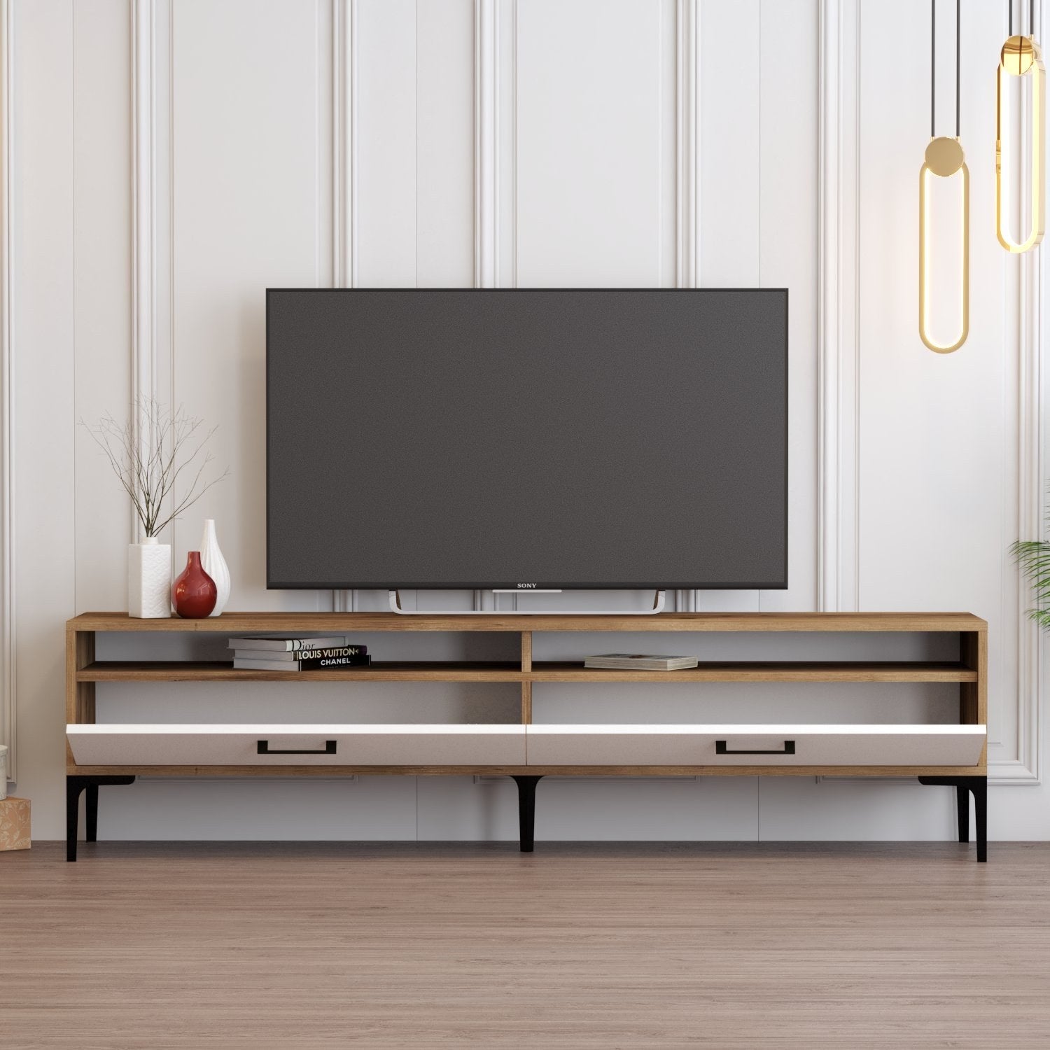 Suporte de TV elegante, nogueira e branco, 180 x 35 x 47 cm | Painel de partículas 100% revestido de melamina, 18 mm de espessura | Design moderno para salas de estar e espaços de entretenimento