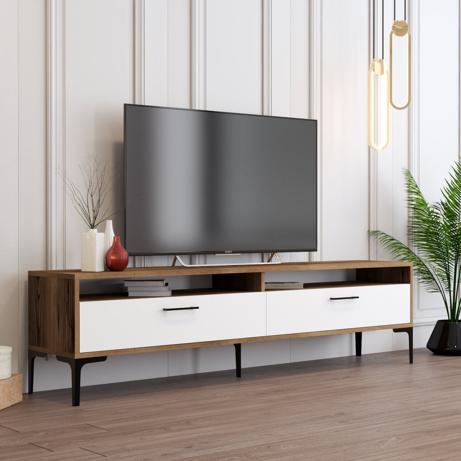 Suporte de TV elegante, nogueira e branco, 180 x 35 x 47 cm | Painel de partículas 100% revestido de melamina, 18 mm de espessura | Design moderno para salas de estar e espaços de entretenimento