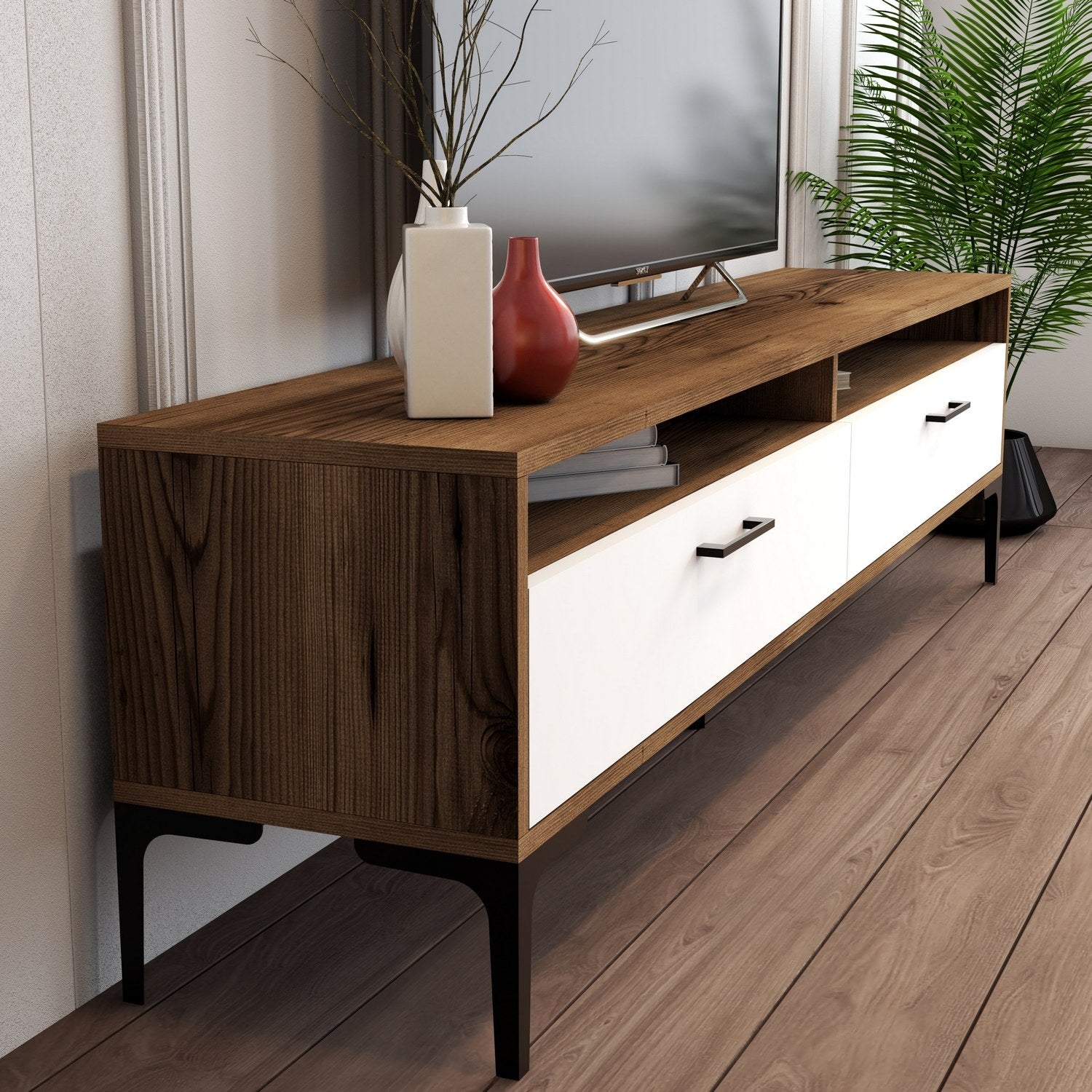 Suporte de TV elegante, nogueira e branco, 180 x 35 x 47 cm | Painel de partículas 100% revestido de melamina, 18 mm de espessura | Design moderno para salas de estar e espaços de entretenimento