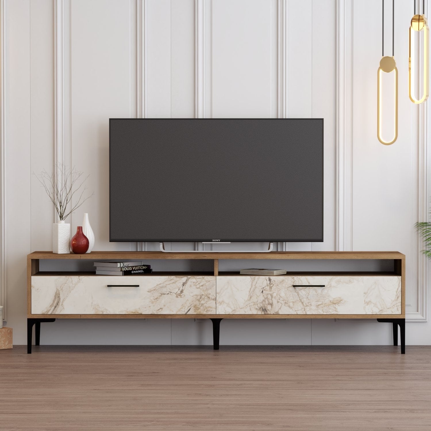 Suporte de TV elegante, nogueira e mármore branco, 180 x 35 x 47 cm | Painel de partículas 100% revestido de melamina, 18 mm de espessura | Design moderno para salas de estar e espaços de entretenimento