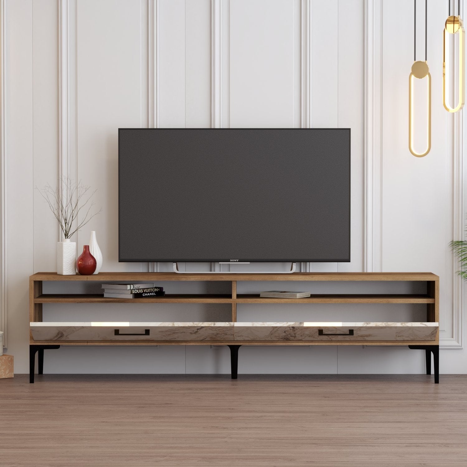 Suporte de TV elegante, nogueira e mármore branco, 180 x 35 x 47 cm | Painel de partículas 100% revestido de melamina, 18 mm de espessura | Design moderno para salas de estar e espaços de entretenimento